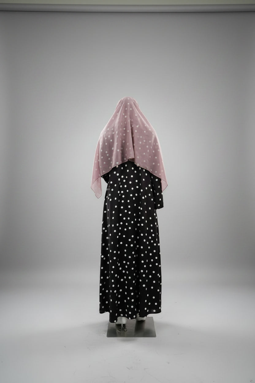 Dark Brown Polka Dot Abaya and Hijab Set, dark brown printed modest abaya set - view 4