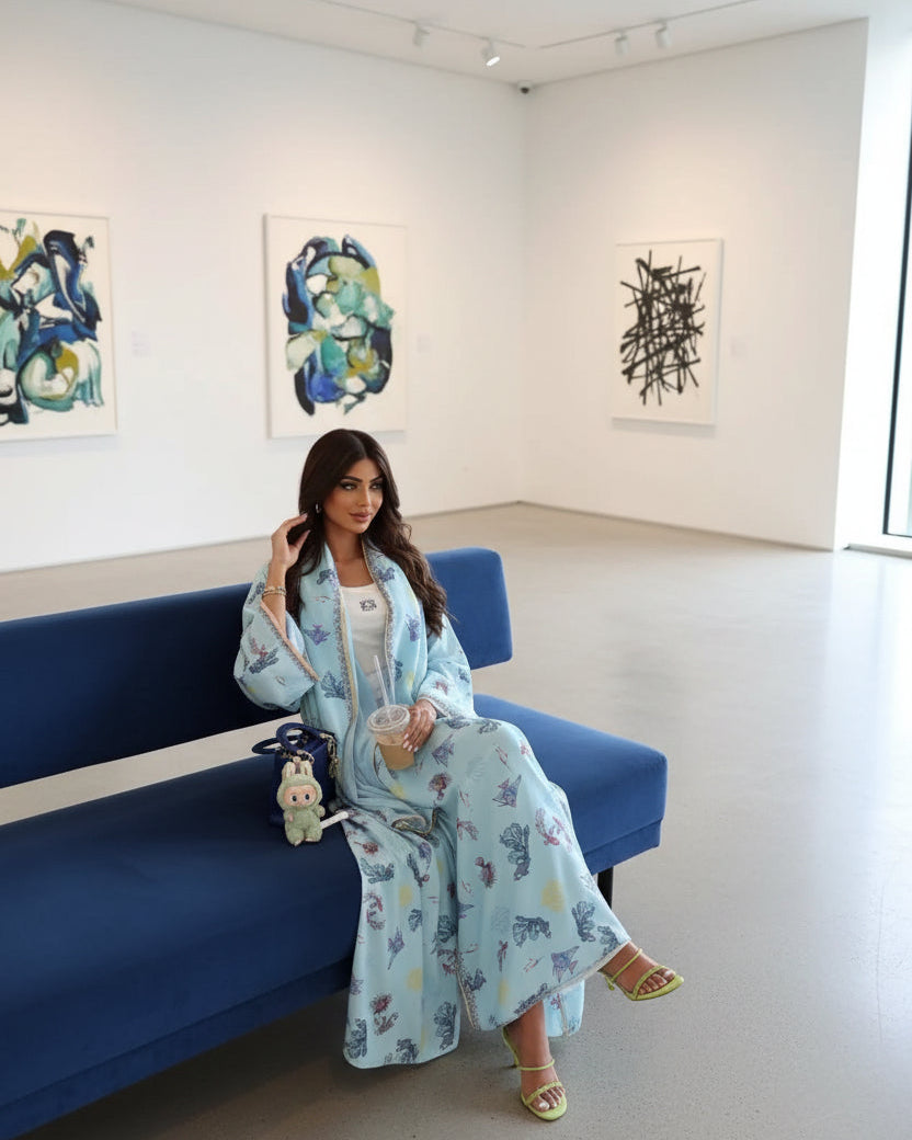 Blue Ocean Print Abaya and Hijab Set, blue modest abaya style - view 3