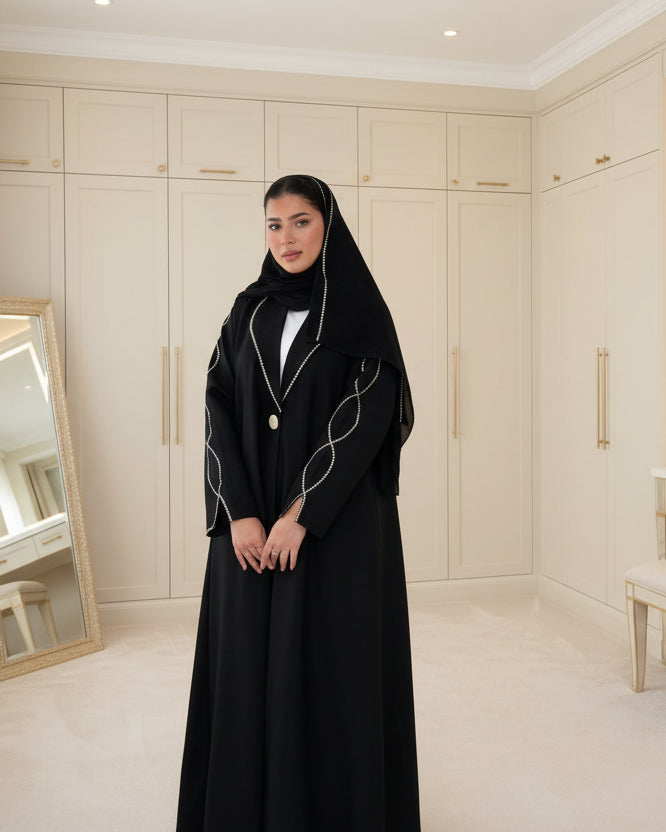Black Embroidered Maxi Abaya and Hijab Set, black modest abaya style - view 1