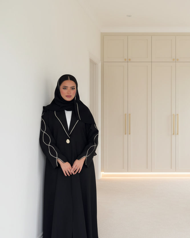Black Embroidered Maxi Abaya and Hijab Set, black modest abaya style - view 5