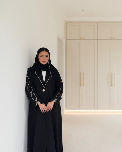 Black Embroidered Maxi Abaya and Hijab Set, black modest abaya style - view 5