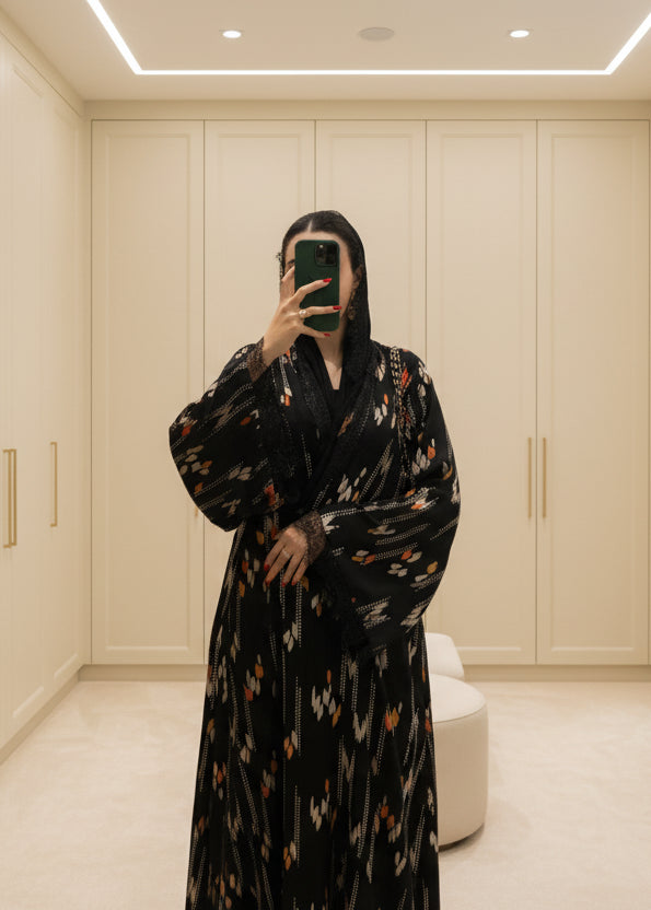 Black Colorblock Lace-Trim Abaya and Hijab Set, black modest abaya style - view 1