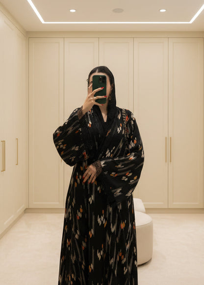 Black Colorblock Lace-Trim Abaya and Hijab Set, black modest abaya style - view 1