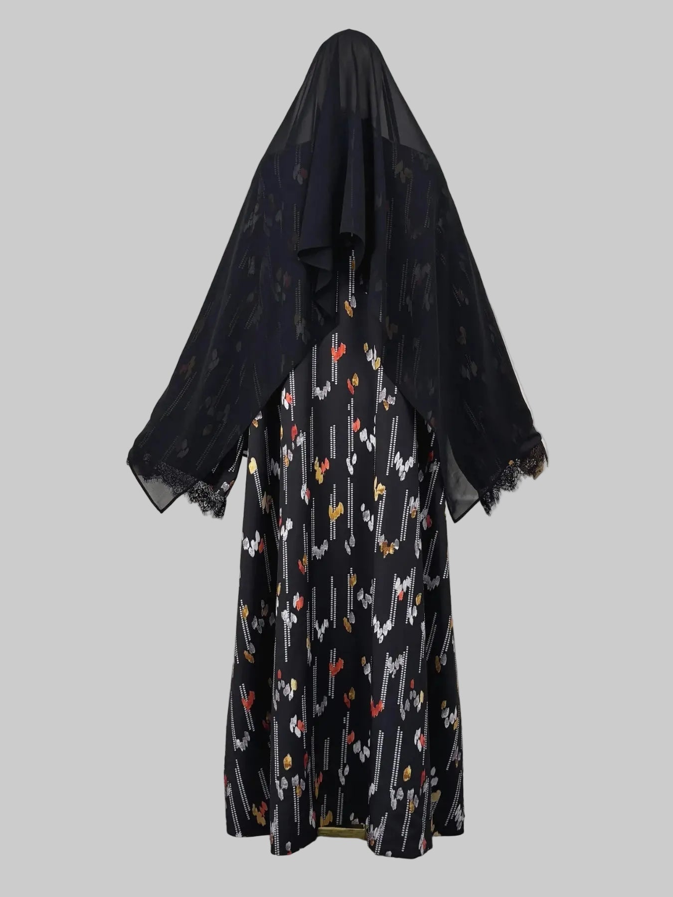 Black Colorblock Lace-Trim Abaya and Hijab Set, black modest abaya style - view 2