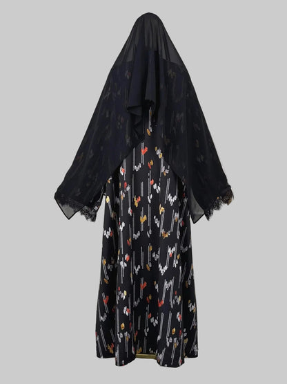 Black Colorblock Lace-Trim Abaya and Hijab Set, black modest abaya style - view 2