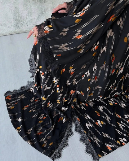 Black Colorblock Lace-Trim Abaya and Hijab Set, black modest abaya style - view 5