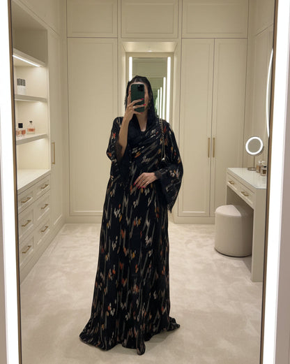 Black Colorblock Lace-Trim Abaya and Hijab Set, black modest abaya style - view 6