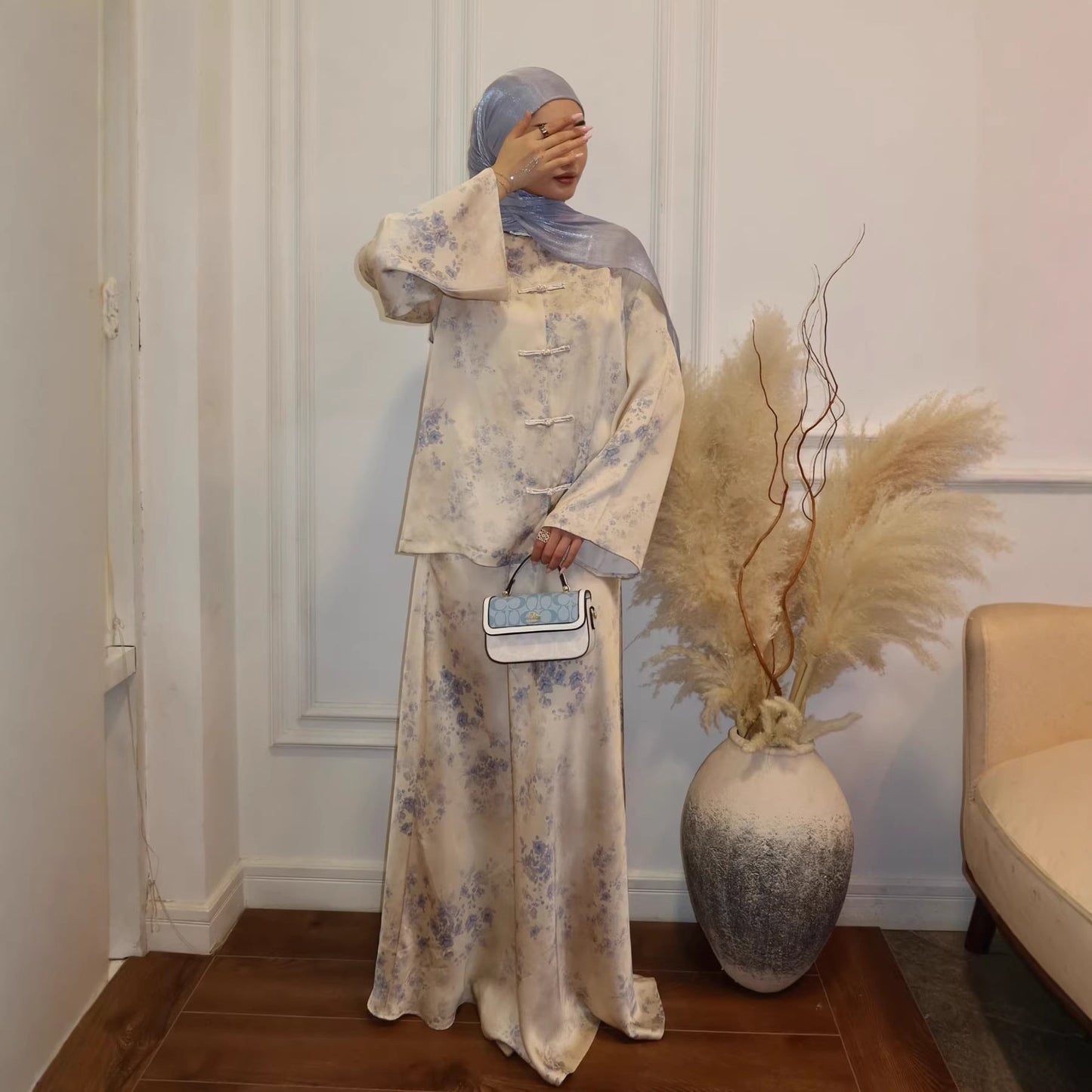 Printed Button 2-Piece Modest Set - Apricot Print