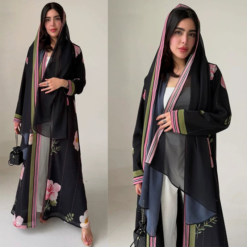 Elegant chiffon print open abaya front view in black with matching hijab