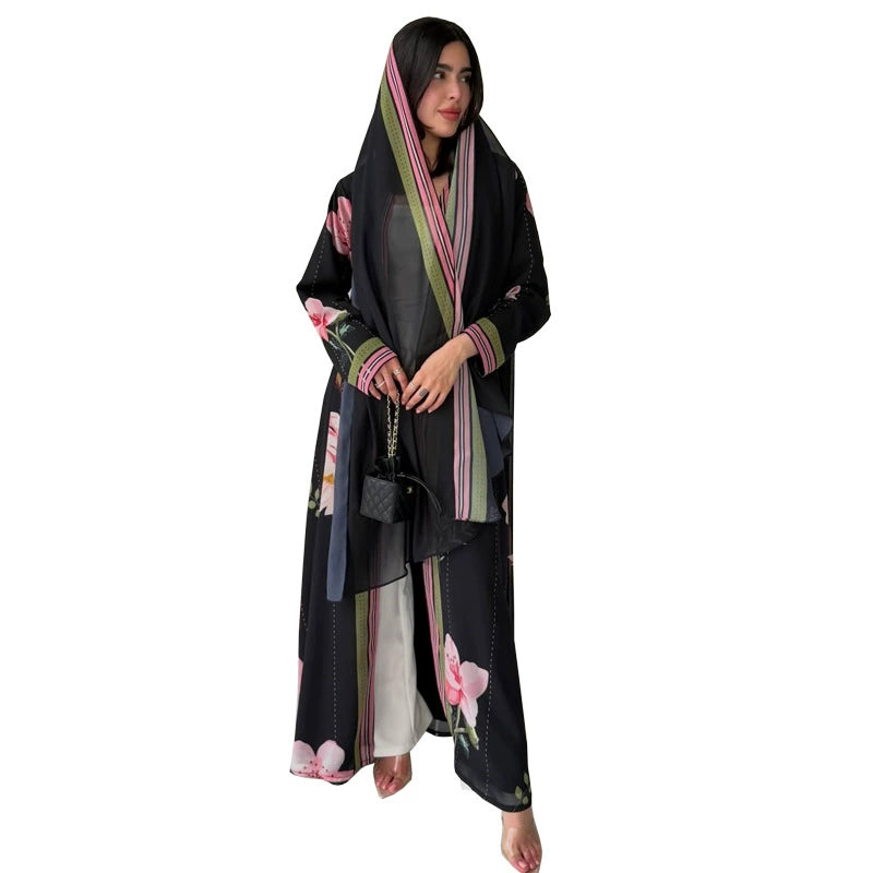 Model wearing chiffon print abaya with inner hijab modest outfit