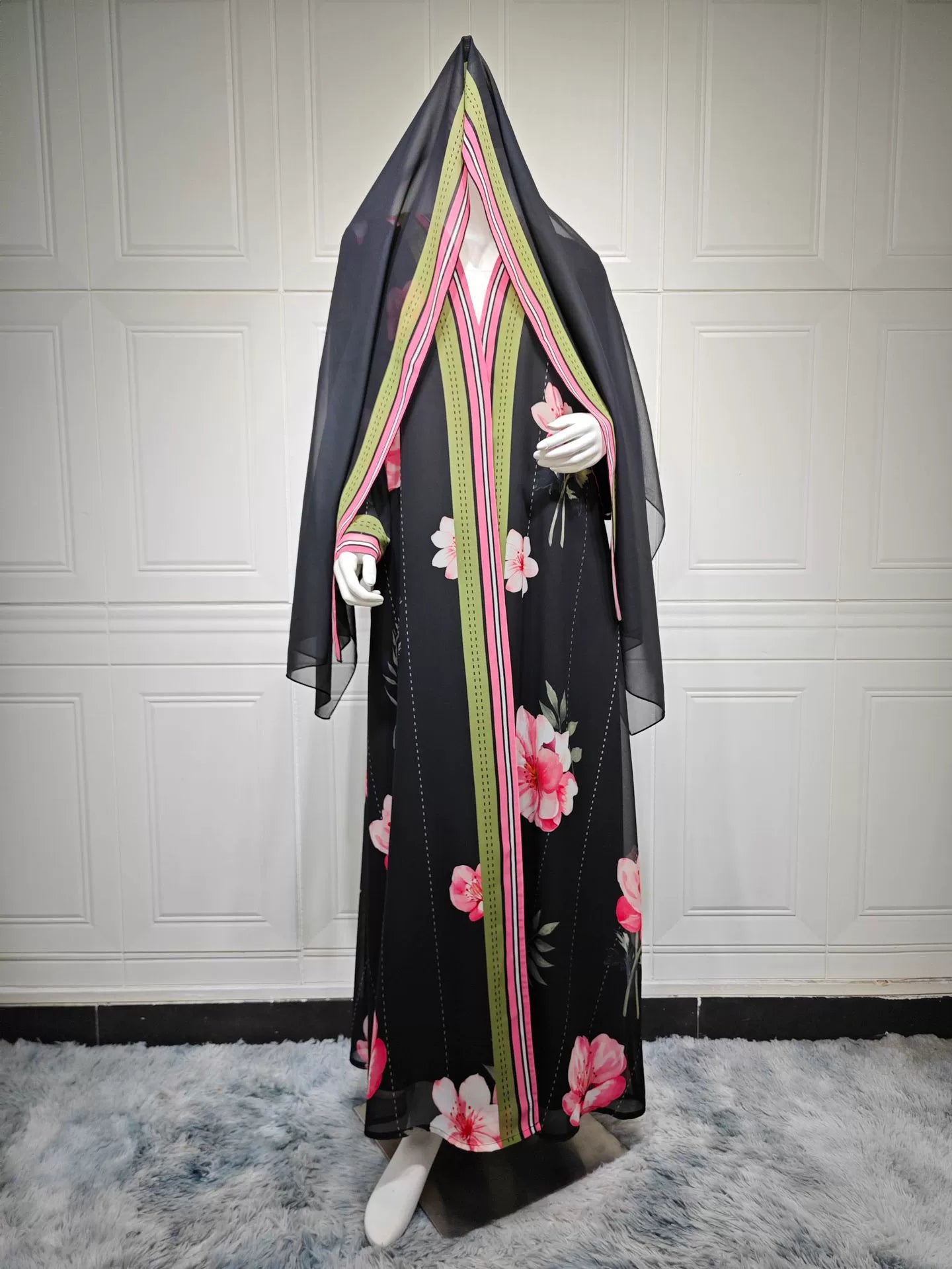 Color swatch showing black chiffon print abaya dress option
