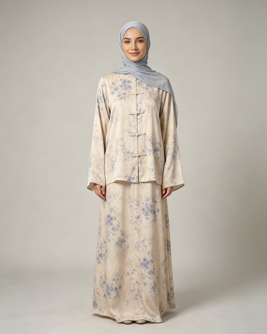 Printed Button 2-Piece Modest Set - Apricot Print - view 1