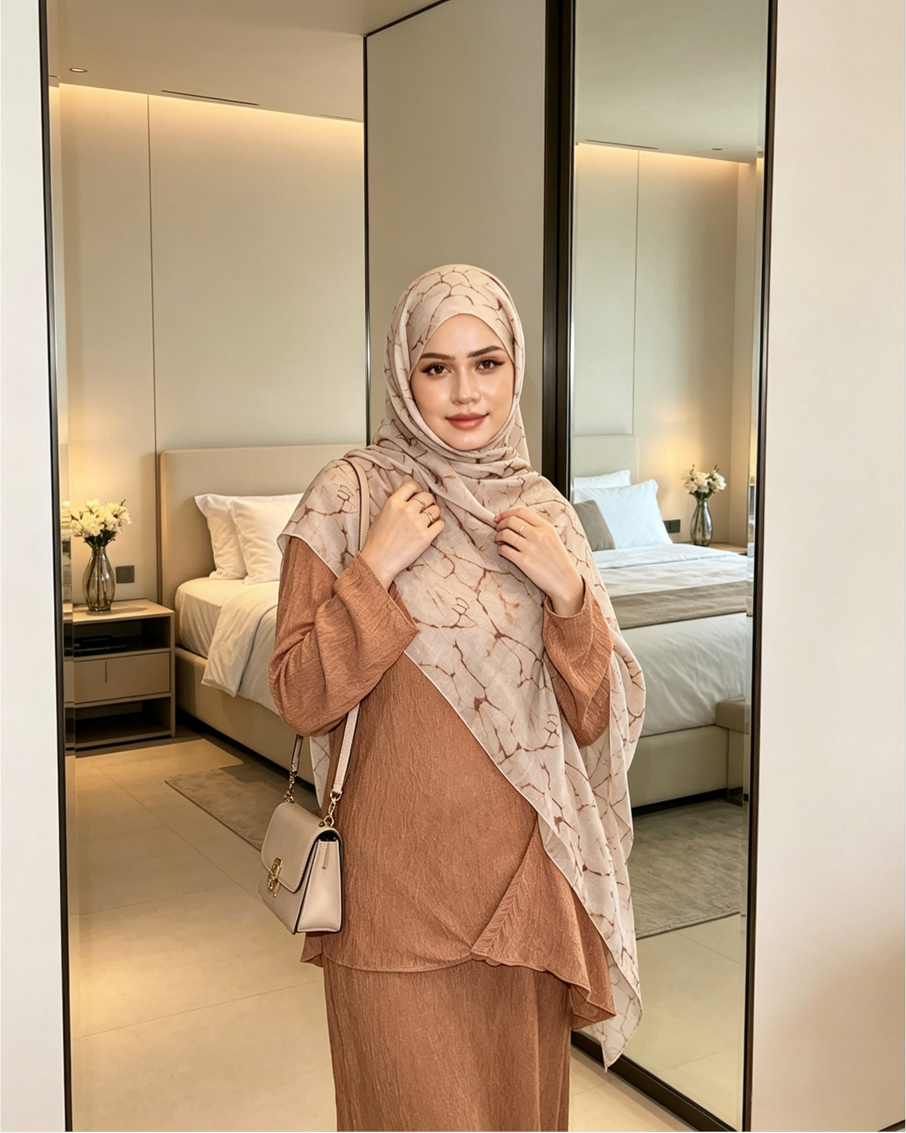Nude Beige Floral Sketch Hijab Shawl – Botanical Modest Head Scarf (80×180cm) - product image 1 of 9 | Lunar Elegance