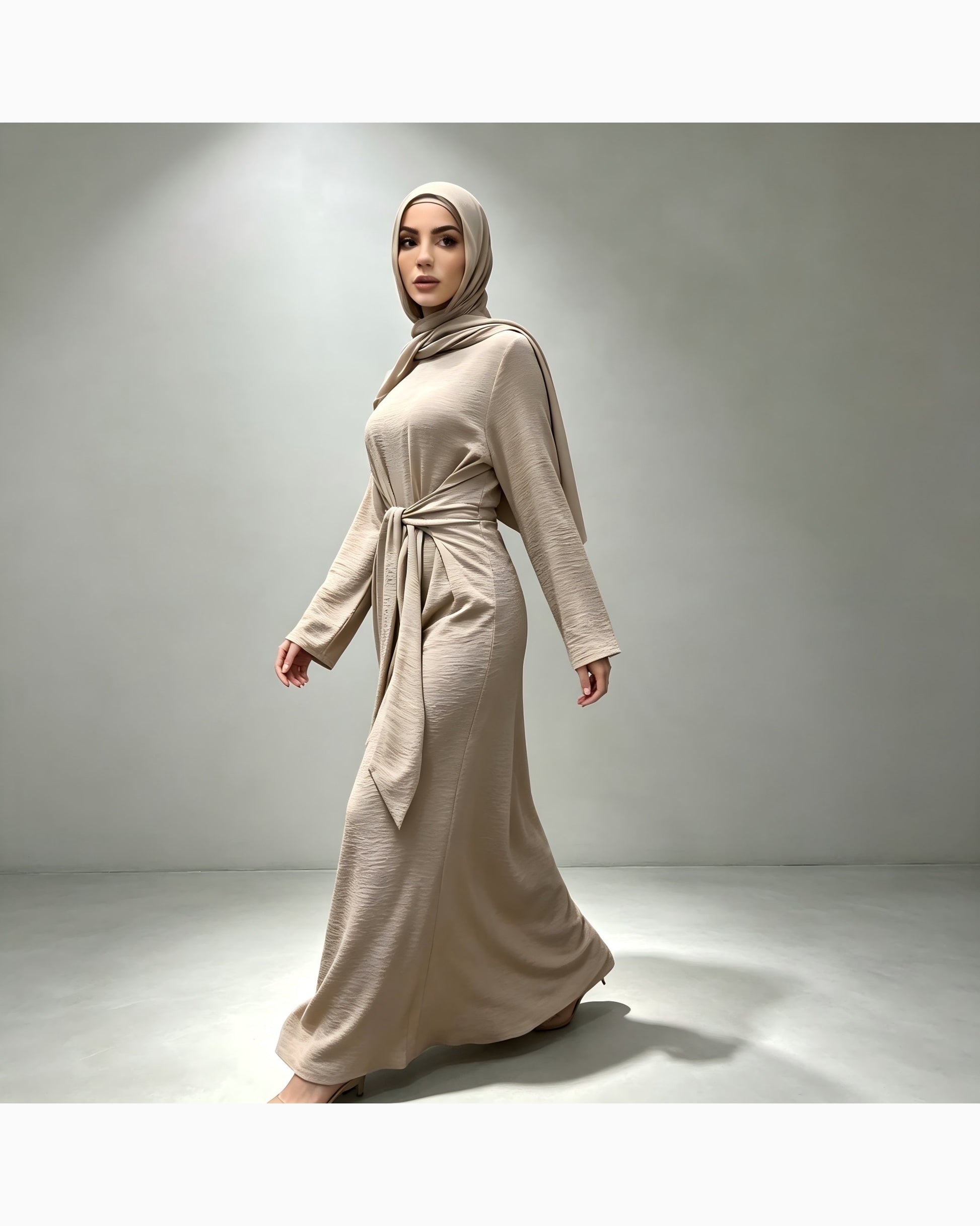 Solid color cotton belted maxi dress in elegant cut - modest long sleeve abaya dress for women