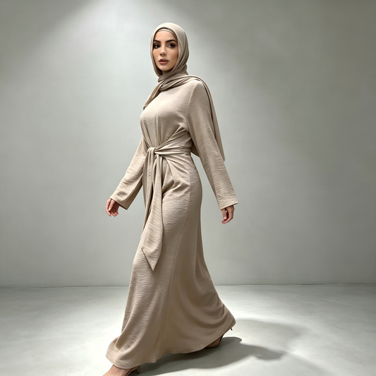 Solid color cotton belted maxi dress in elegant cut - modest long sleeve abaya dress for women