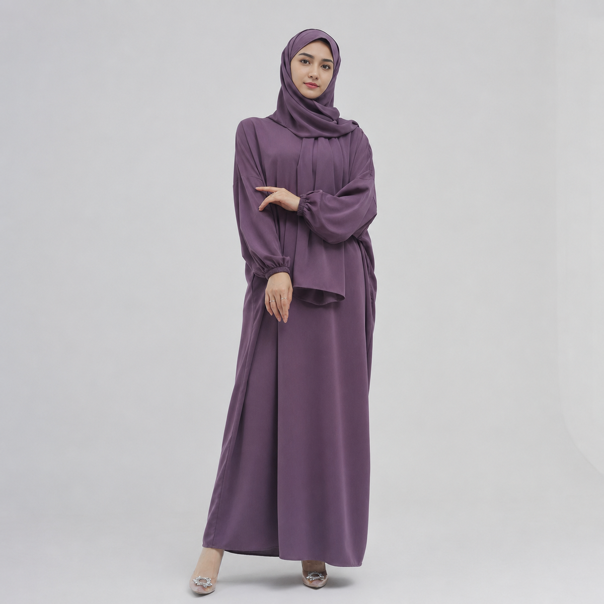 Basic Closed Abaya with Attached Hijab - Purple - full length modest maxi dress