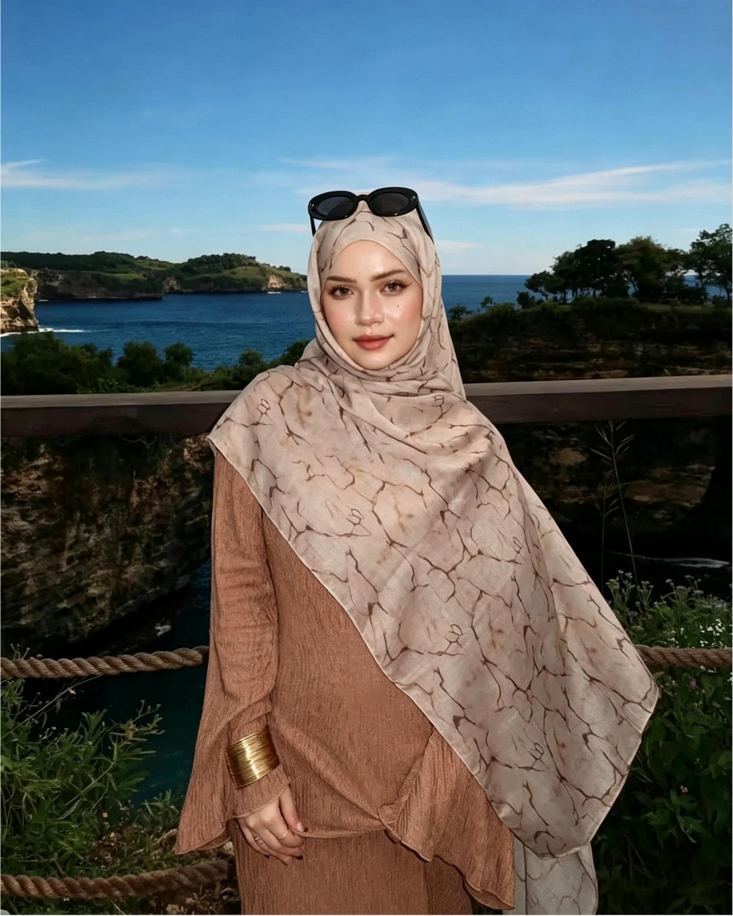 Nude Beige Floral Sketch Hijab Shawl – Botanical Modest Head Scarf (80×180cm) - product image 5 of 9 | Lunar Elegance