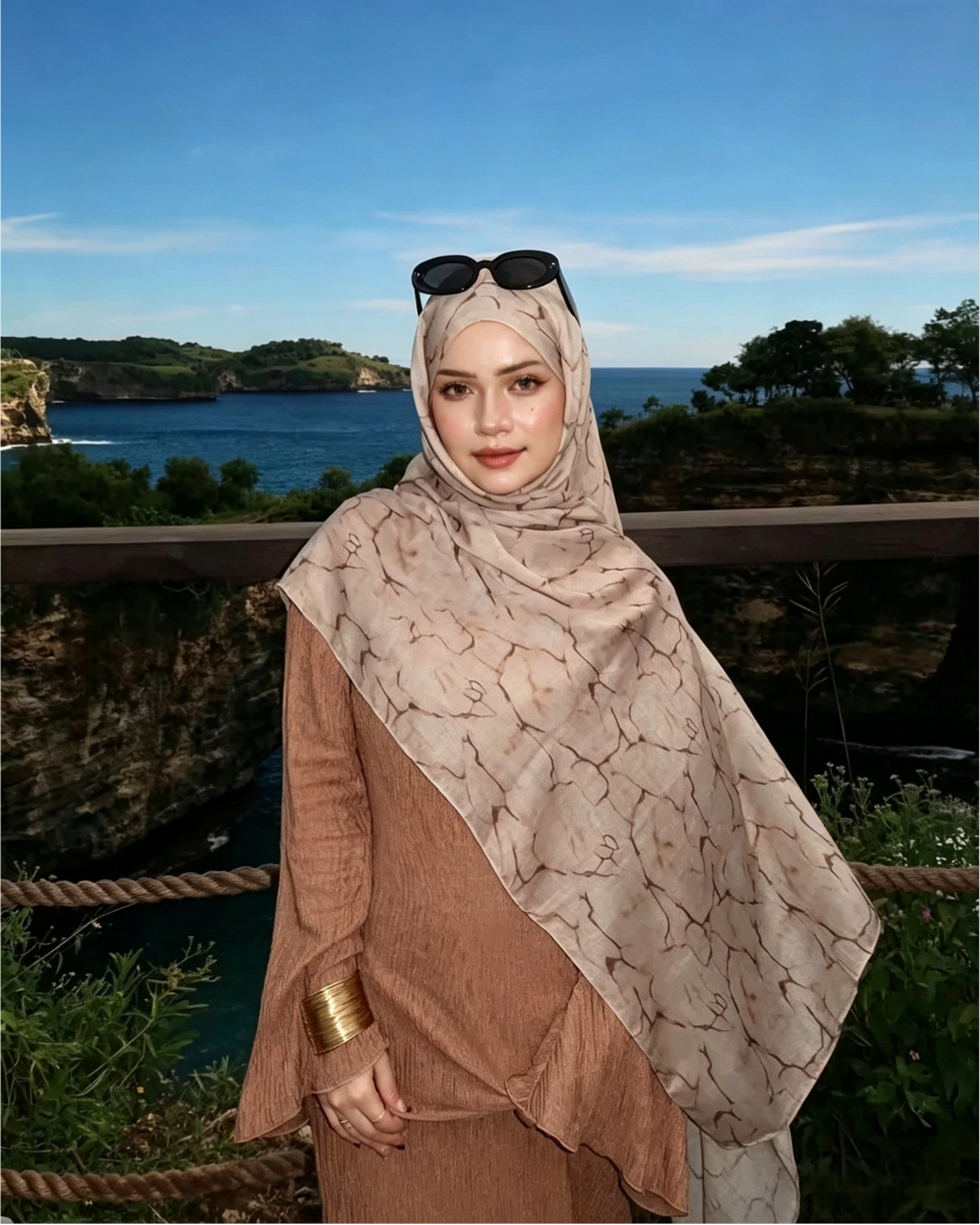 Nude Beige Floral Sketch Hijab Shawl – Botanical Modest Head Scarf (80×180cm) - product image 5 of 9 | Lunar Elegance
