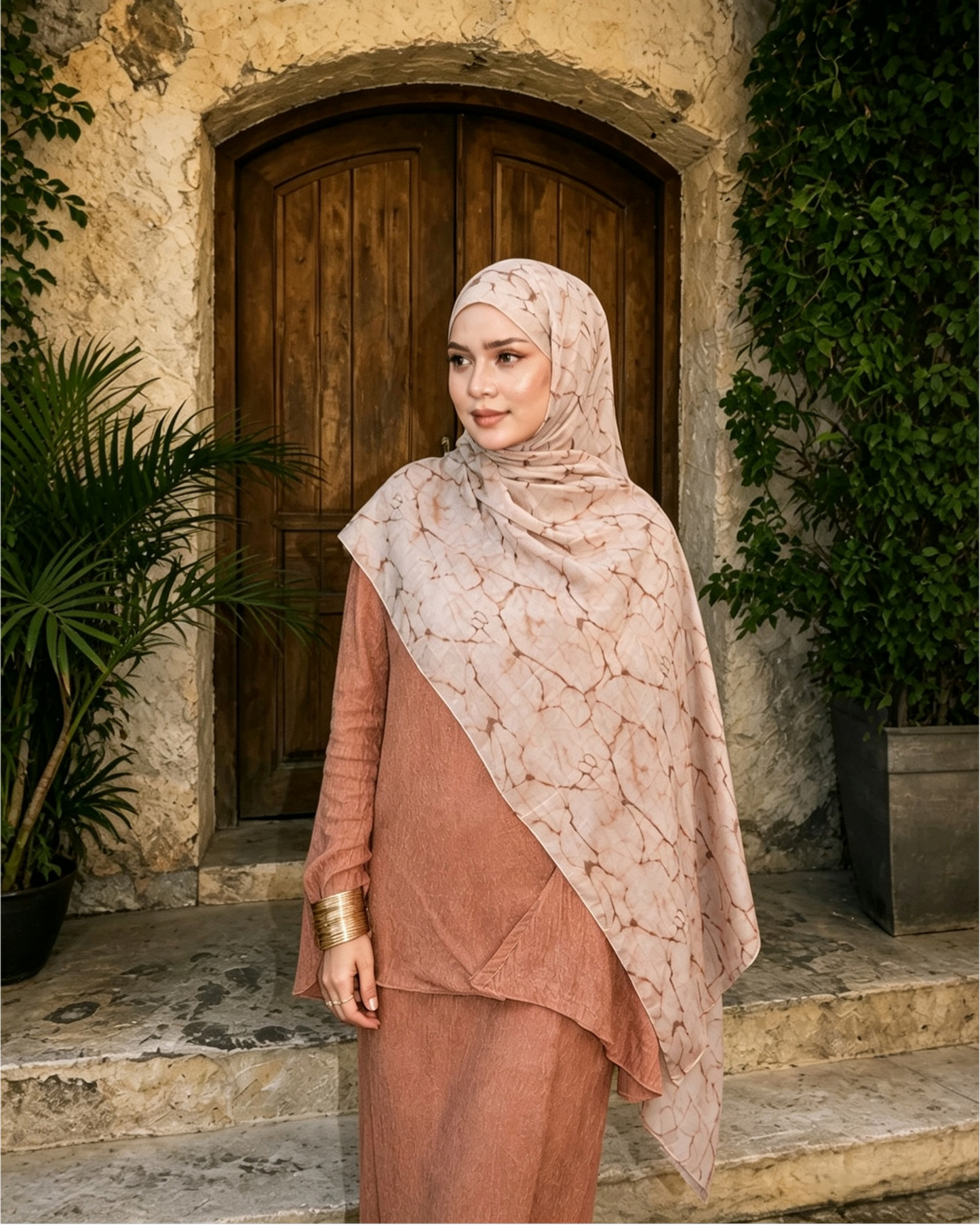 Nude Beige Floral Sketch Hijab Shawl – Botanical Modest Head Scarf (80×180cm) - product image 7 of 9 | Lunar Elegance