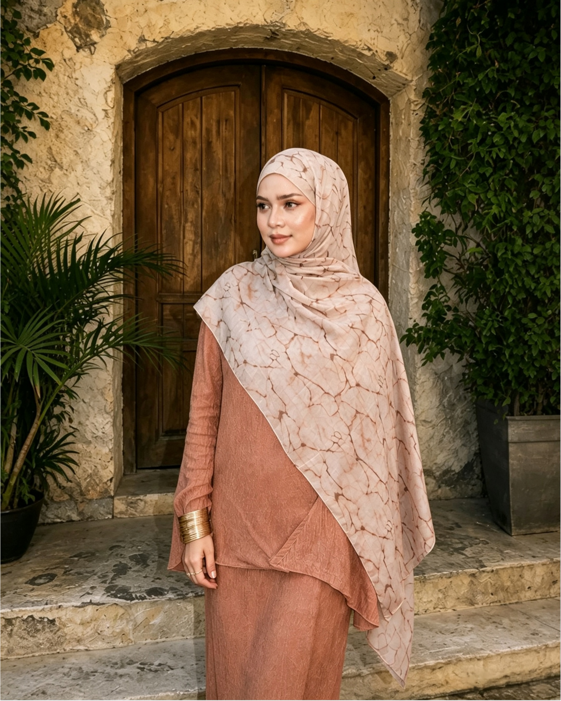 Nude Beige Floral Sketch Hijab Shawl – Botanical Modest Head Scarf (80×180cm) - product image 7 of 9 | Lunar Elegance