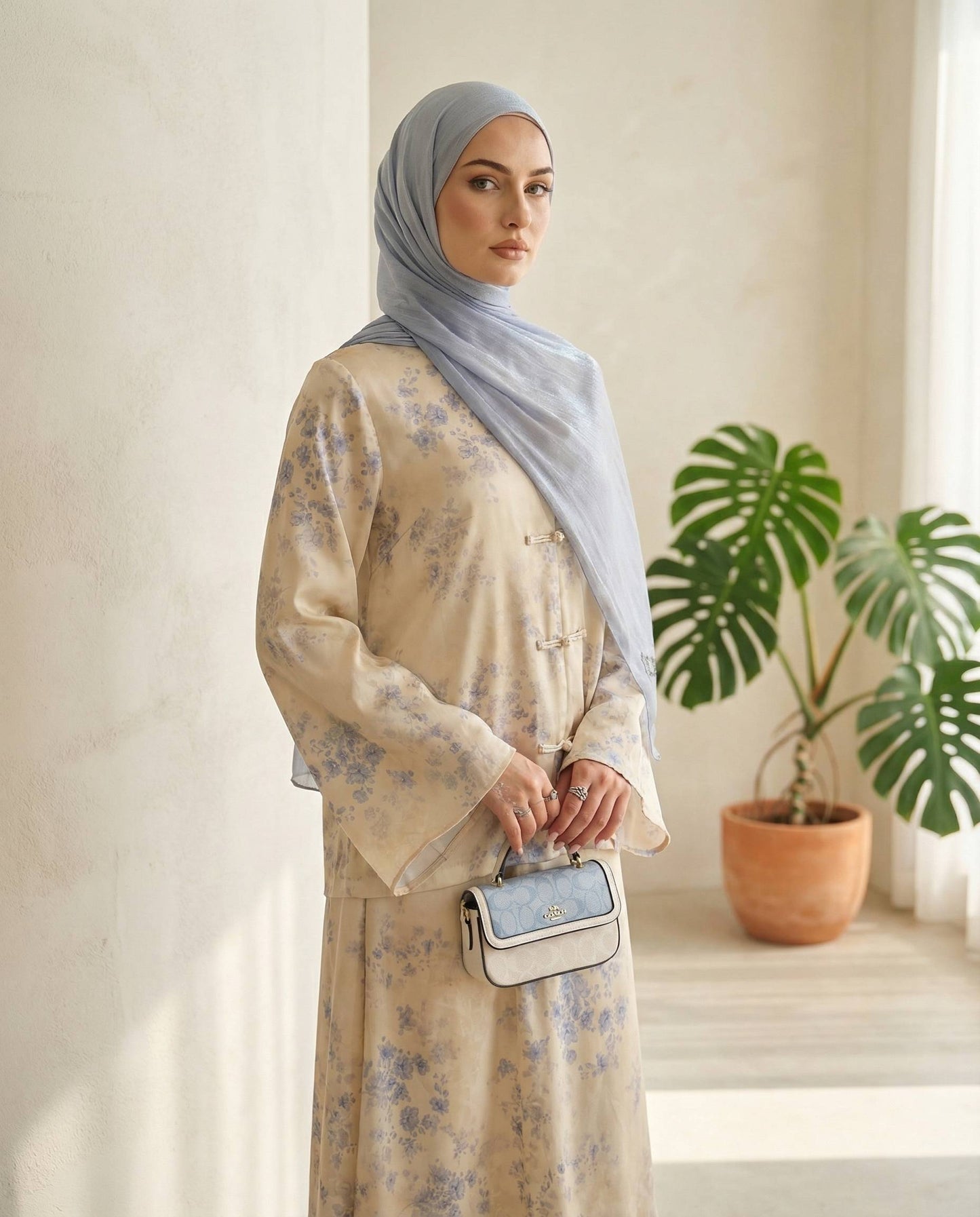 Printed Button 2-Piece Modest Set - Apricot Print