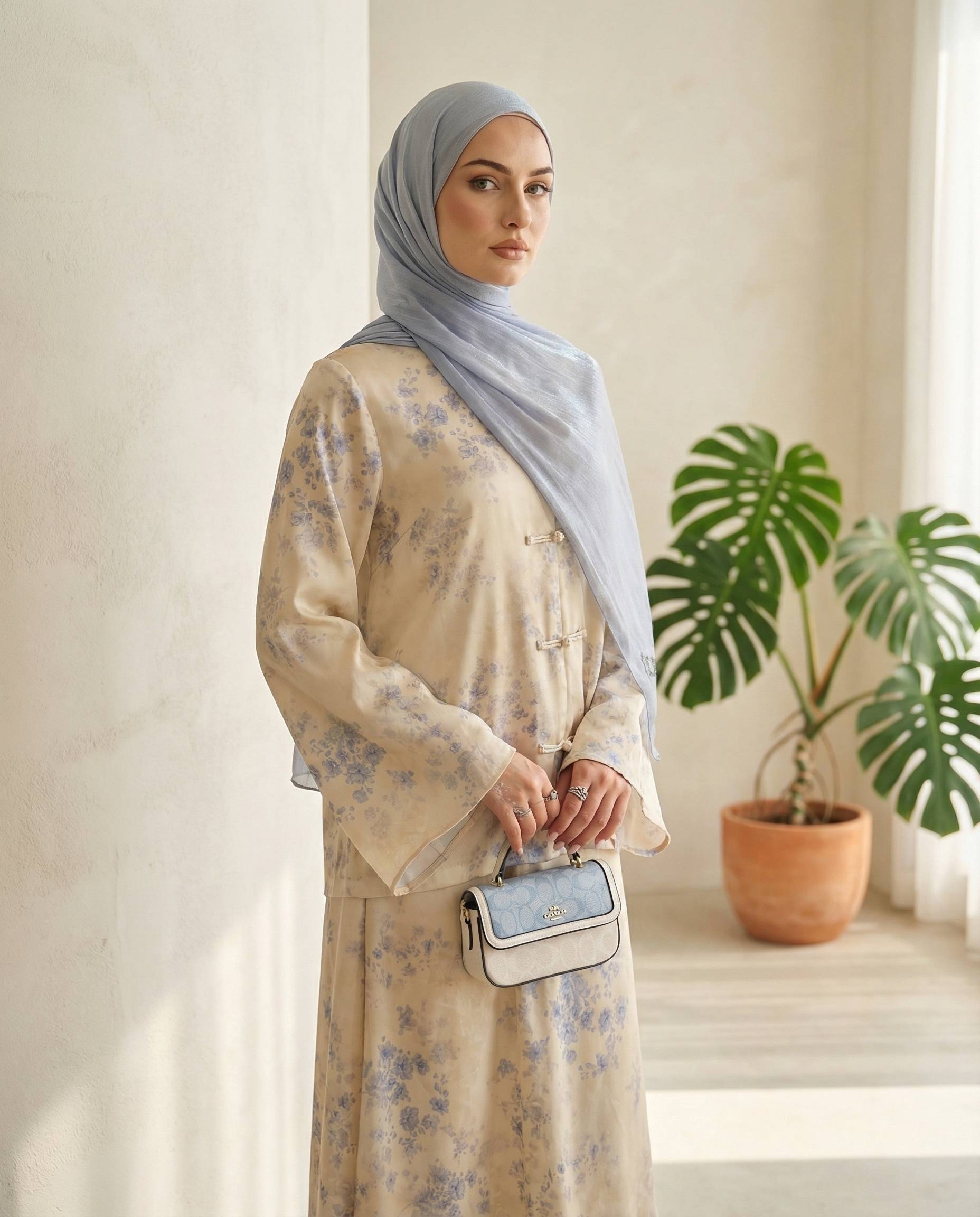 Printed Button 2-Piece Modest Set - Apricot Print