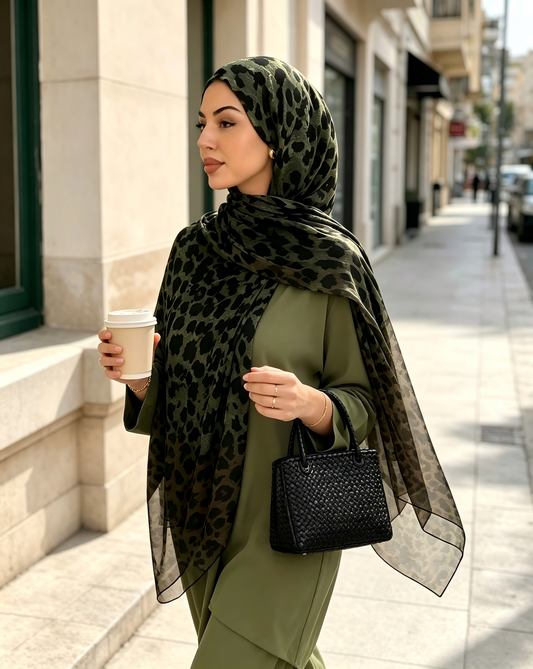 Olive Green Black Jungle Leopard Print Hijab Shawl – Watercolor Modest Head Scarf (80×180cm) - product image 1 of 9 | Lunar Elegance