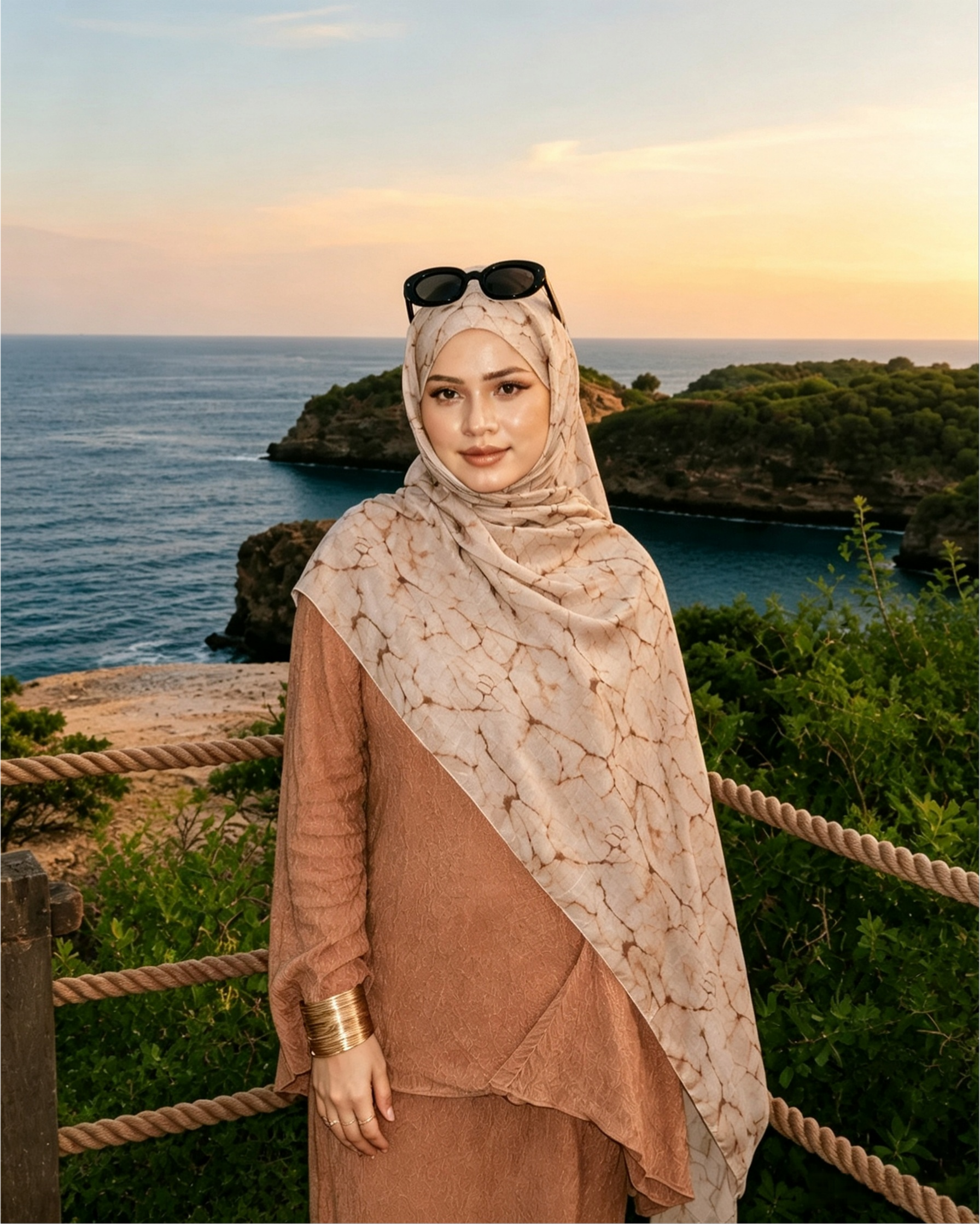 Nude Beige Floral Sketch Hijab Shawl – Botanical Modest Head Scarf (80×180cm) - product image 4 of 9 | Lunar Elegance