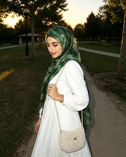 Forest Green Marble Ink Hijab Shawl – Emerald Watercolor Modest Head Scarf (80×180cm) - product image 2 of 8 | Lunar Elegance