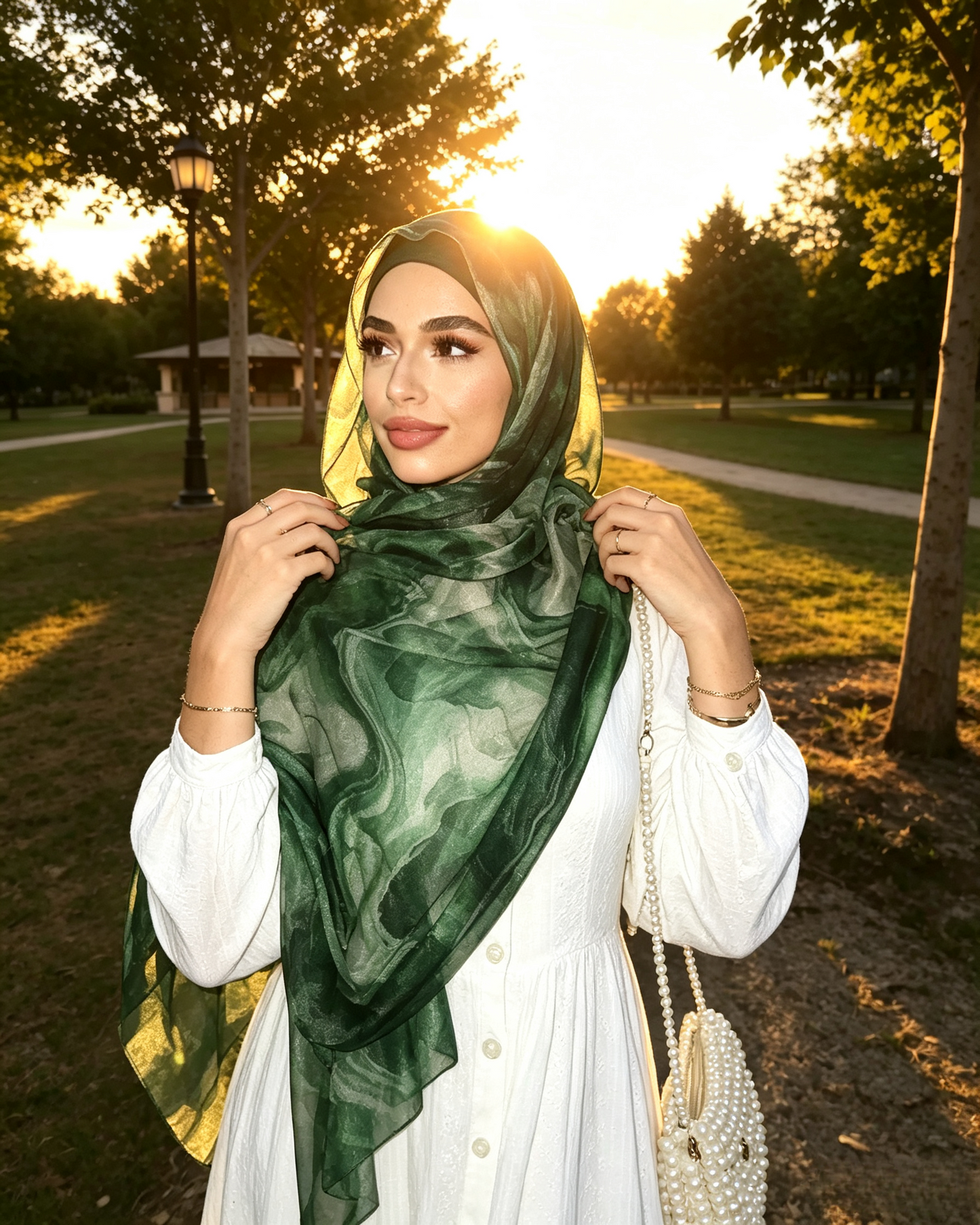 Forest Green Marble Ink Hijab Shawl – Emerald Watercolor Modest Head Scarf (80×180cm) - product image 3 of 8 | Lunar Elegance