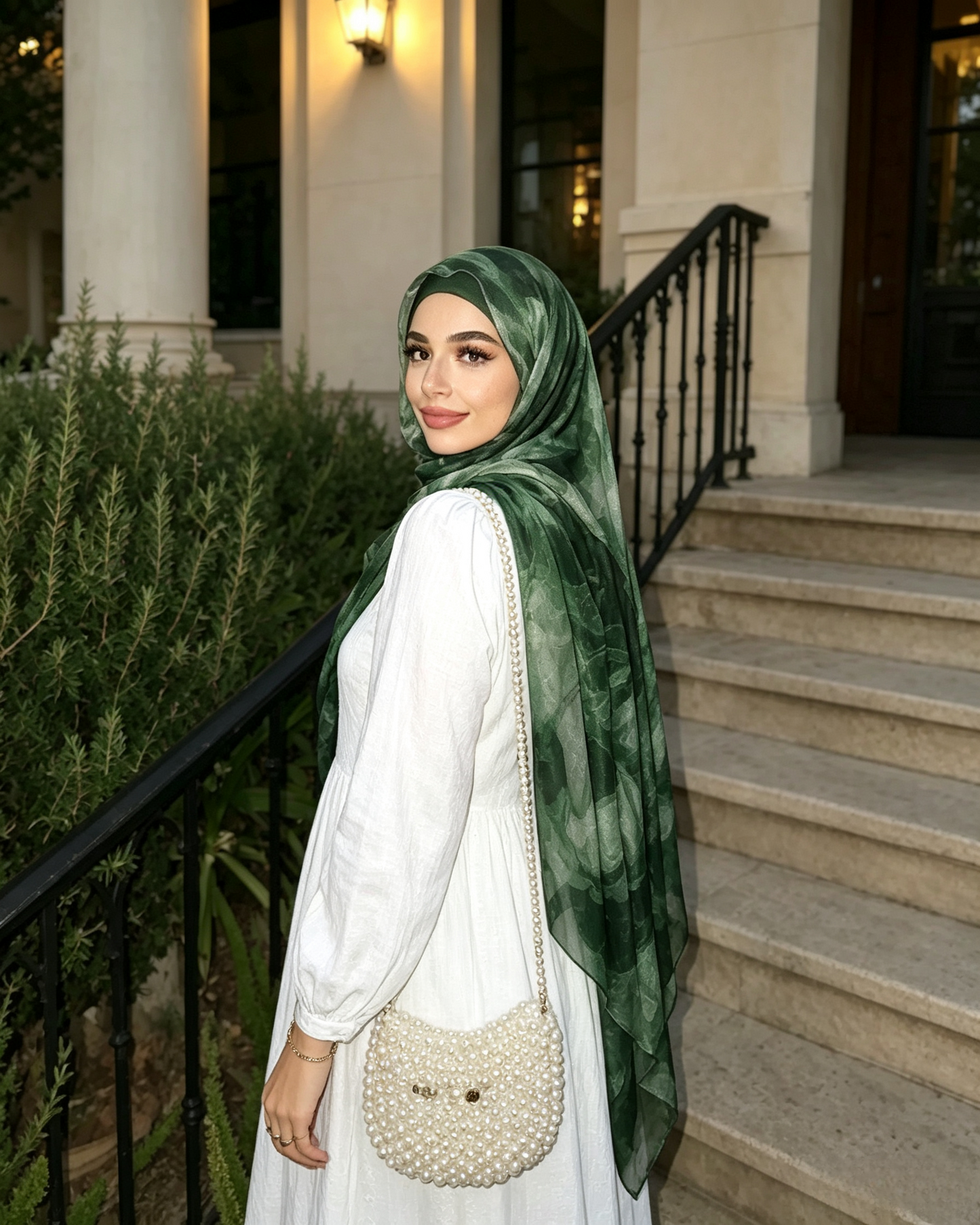Forest Green Marble Ink Hijab Shawl – Emerald Watercolor Modest Head Scarf (80×180cm) - product image 5 of 8 | Lunar Elegance