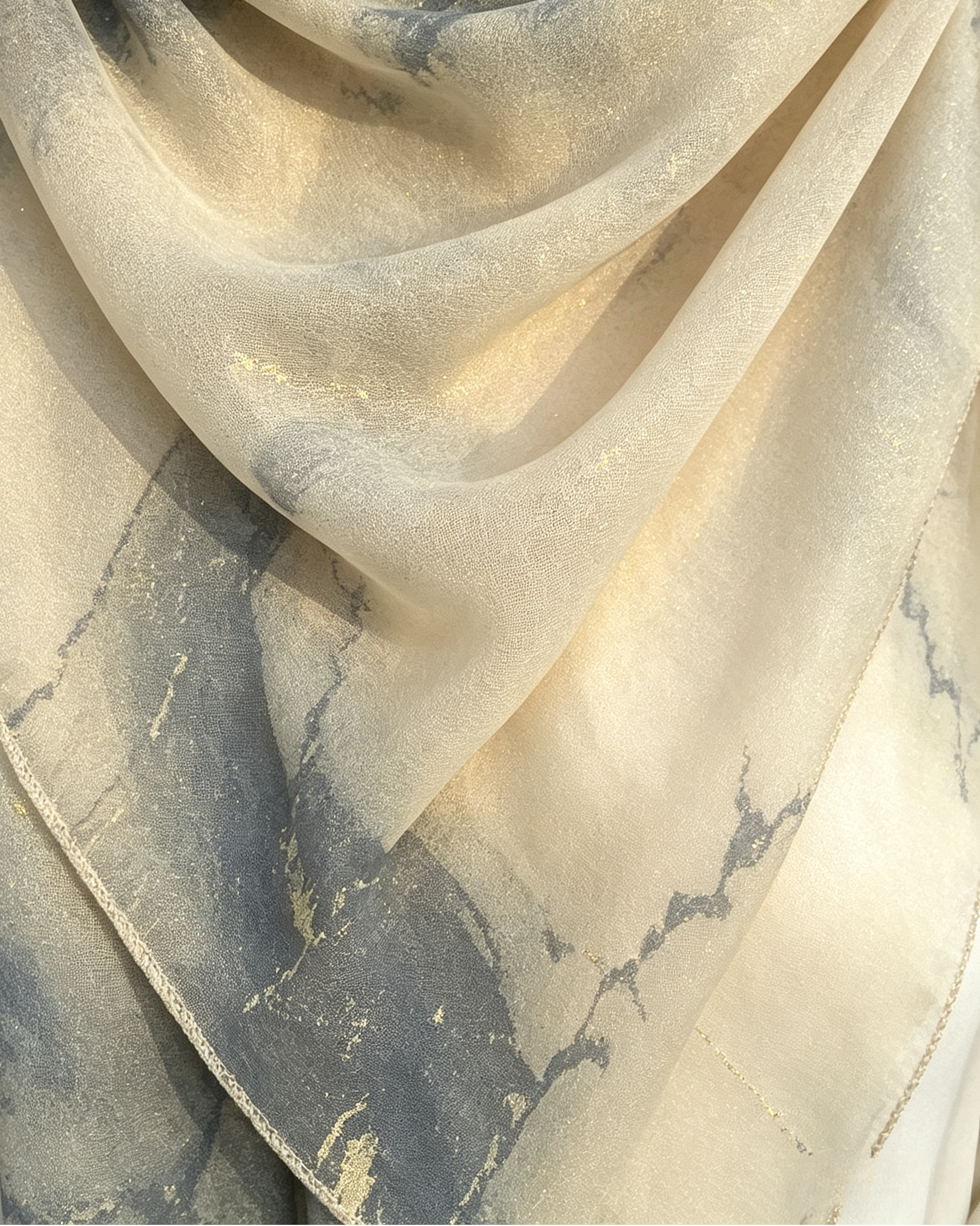 Grey Blue Gold Foil Marble Hijab Shawl – Luxury Ombre Modest Head Scarf (80×180cm) - product image 1 of 8 | Lunar Elegance