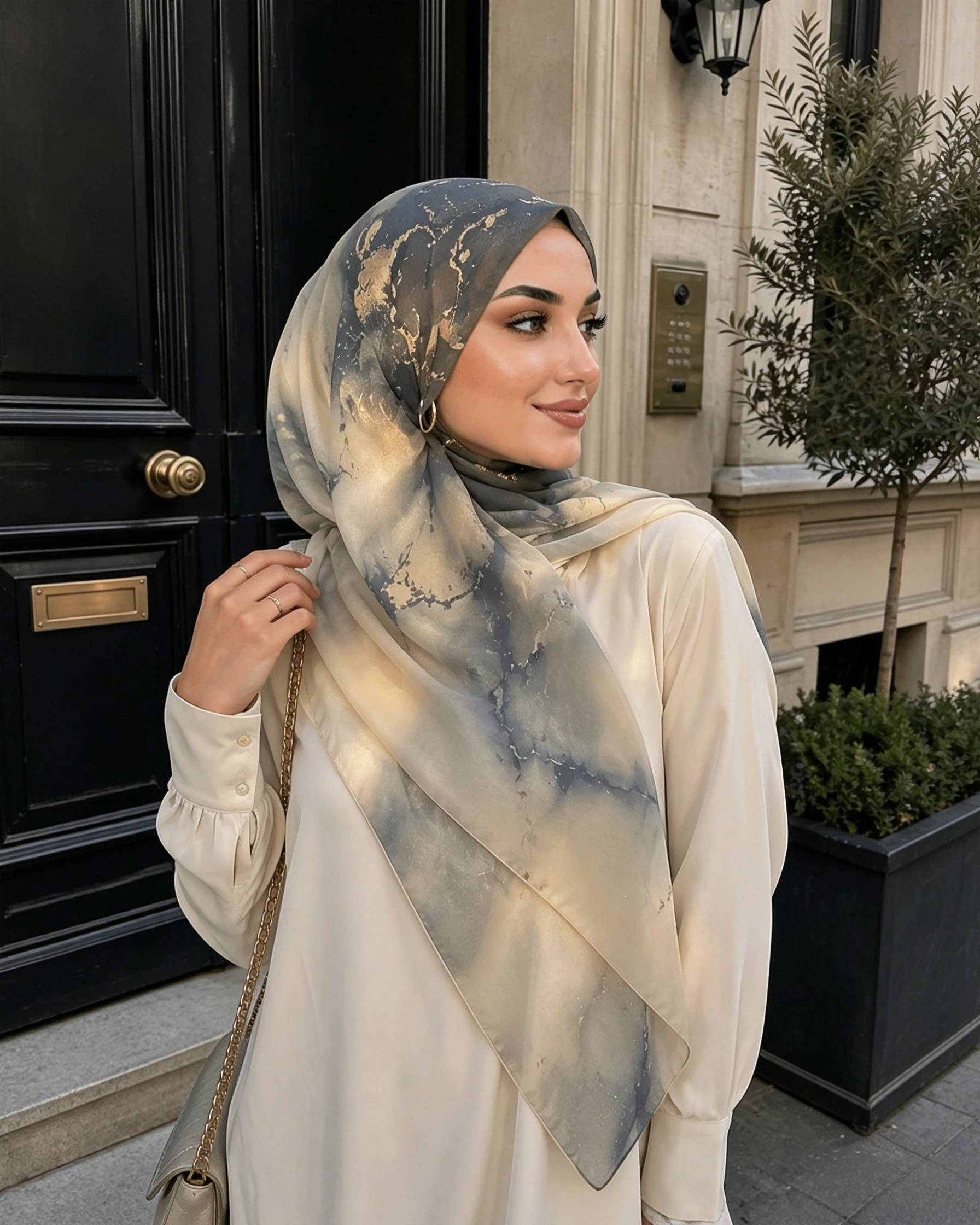 Grey Blue Gold Foil Marble Hijab Shawl – Luxury Ombre Modest Head Scarf (80×180cm) - product image 3 of 8 | Lunar Elegance