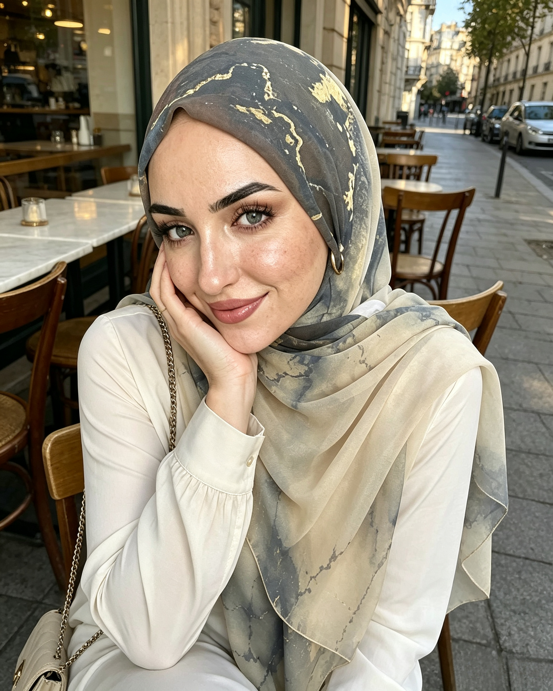 Grey Blue Gold Foil Marble Hijab Shawl – Luxury Ombre Modest Head Scarf (80×180cm) - product image 4 of 8 | Lunar Elegance