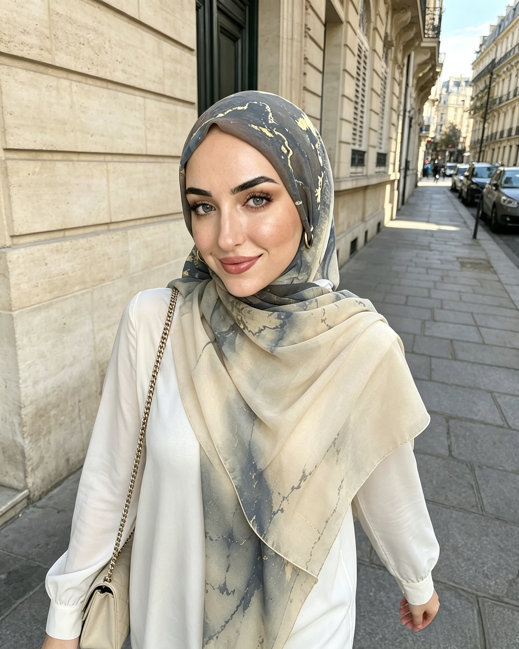 Grey Blue Gold Foil Marble Hijab Shawl – Luxury Ombre Modest Head Scarf (80×180cm) - product image 5 of 8 | Lunar Elegance