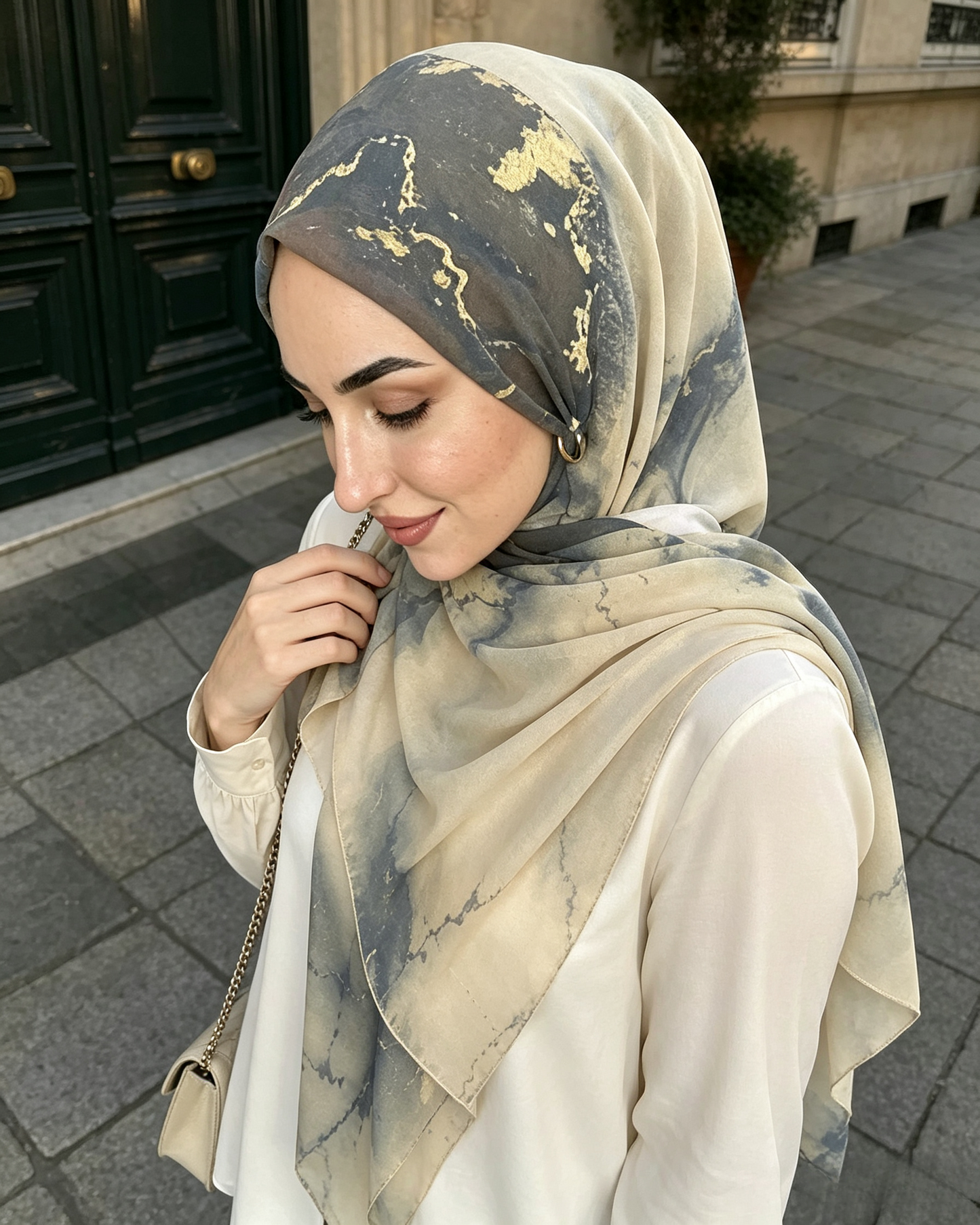 Grey Blue Gold Foil Marble Hijab Shawl – Luxury Ombre Modest Head Scarf (80×180cm) - product image 6 of 8 | Lunar Elegance