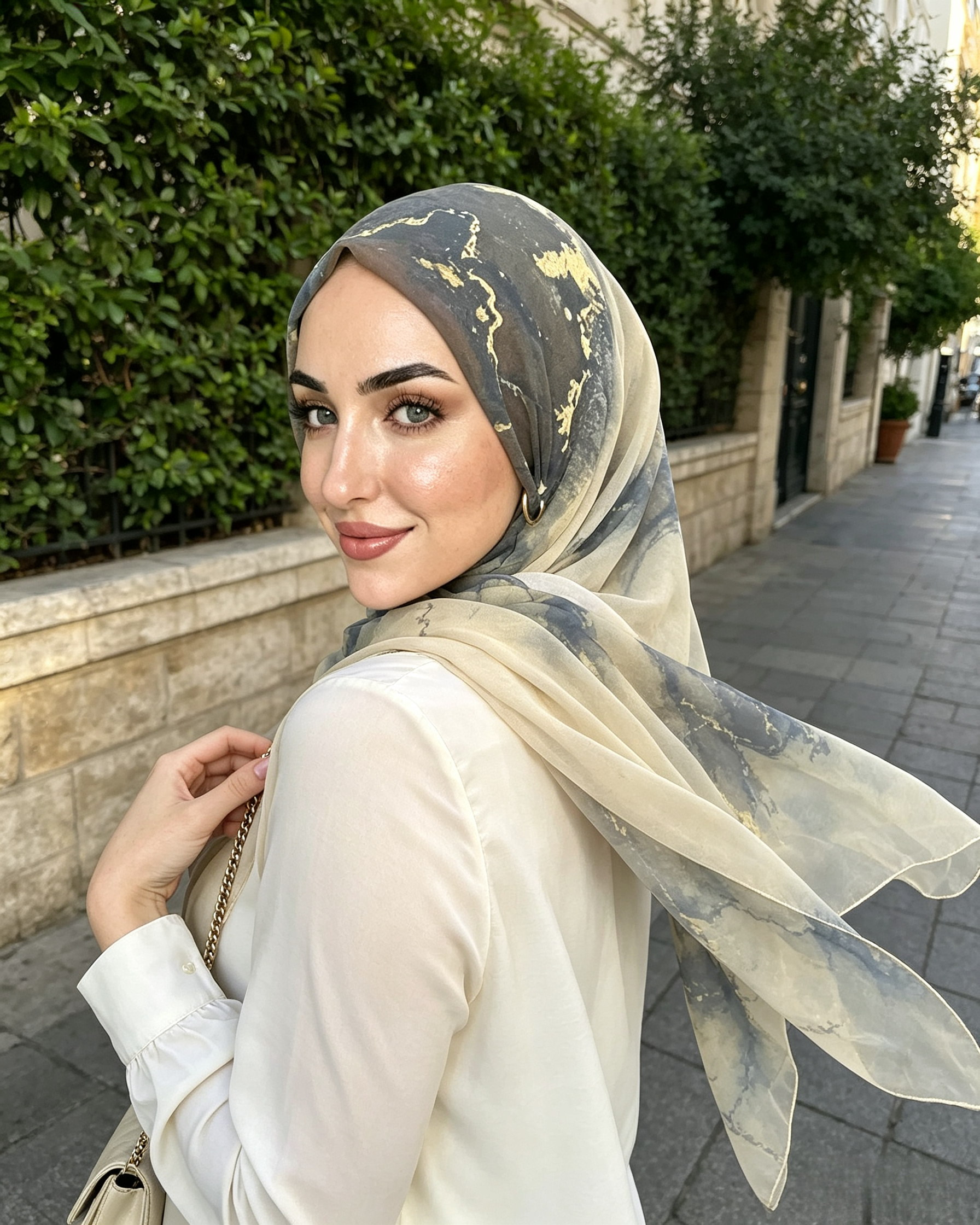 Grey Blue Gold Foil Marble Hijab Shawl – Luxury Ombre Modest Head Scarf (80×180cm) - product image 7 of 8 | Lunar Elegance