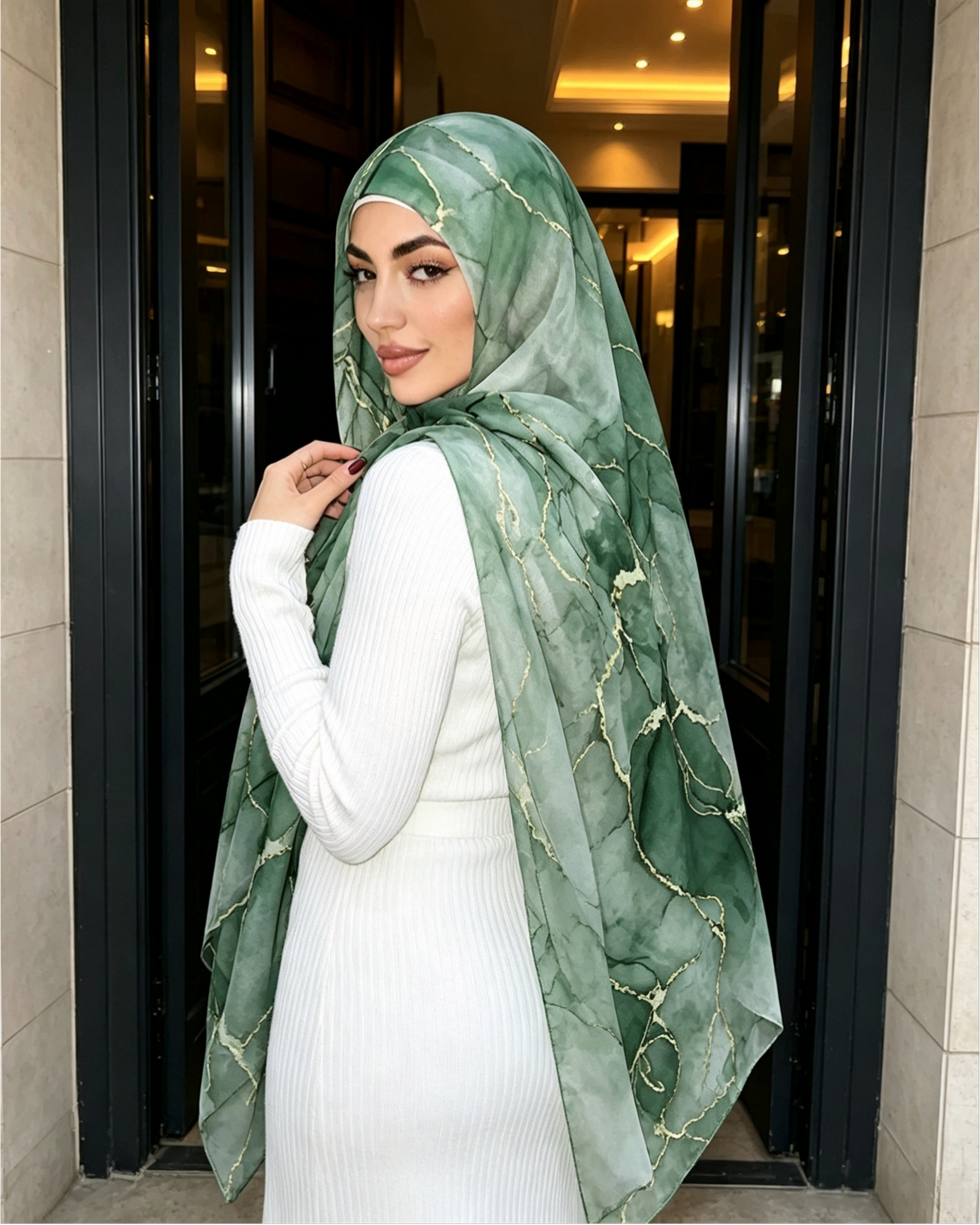 Moss Green Gold Leaf Tropical Hijab Shawl – Botanical Modest Head Scarf (80×180cm) - product image 1 of 9 | Lunar Elegance
