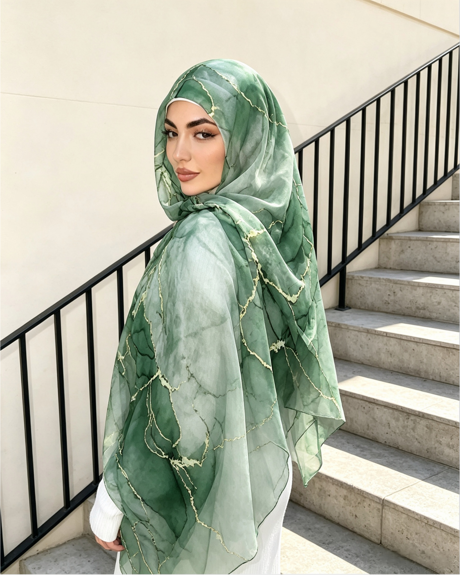Moss Green Gold Leaf Tropical Hijab Shawl – Botanical Modest Head Scarf (80×180cm) - product image 2 of 9 | Lunar Elegance