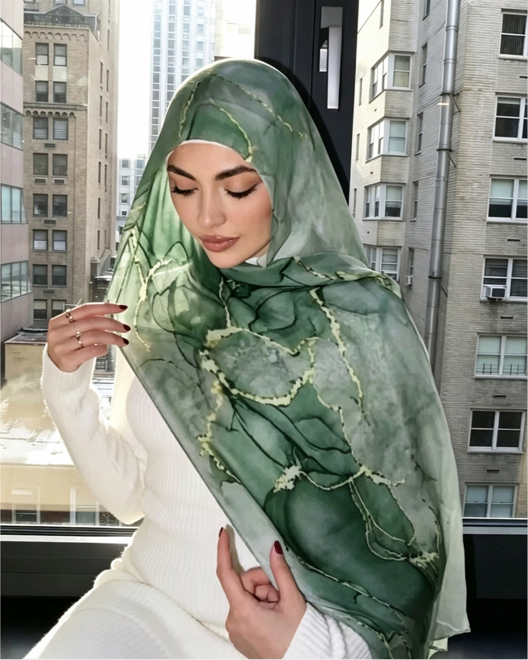 Moss Green Gold Leaf Tropical Hijab Shawl – Botanical Modest Head Scarf (80×180cm) - product image 3 of 9 | Lunar Elegance