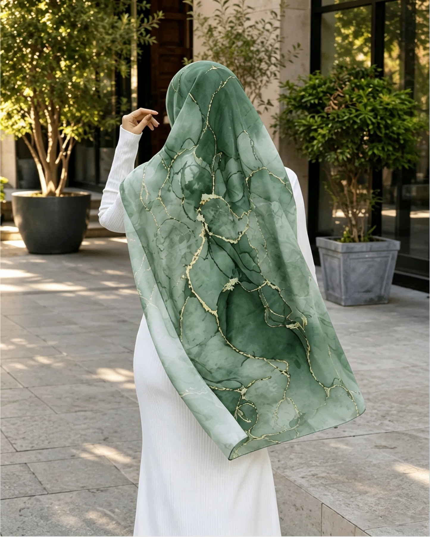 Moss Green Gold Leaf Tropical Hijab Shawl – Botanical Modest Head Scarf (80×180cm) - product image 4 of 9 | Lunar Elegance