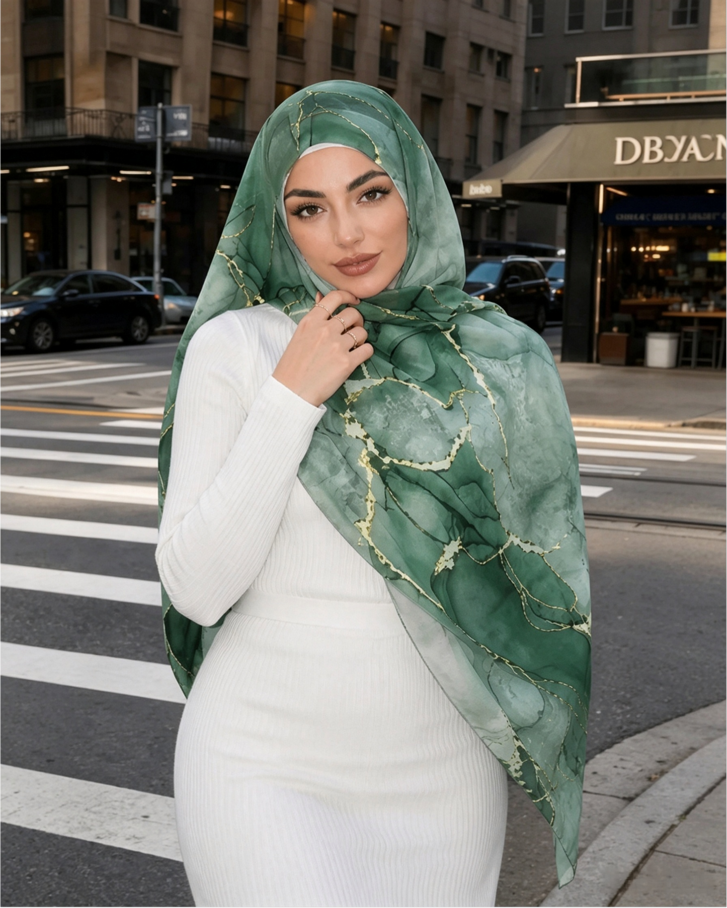 Moss Green Gold Leaf Tropical Hijab Shawl – Botanical Modest Head Scarf (80×180cm) - product image 5 of 9 | Lunar Elegance