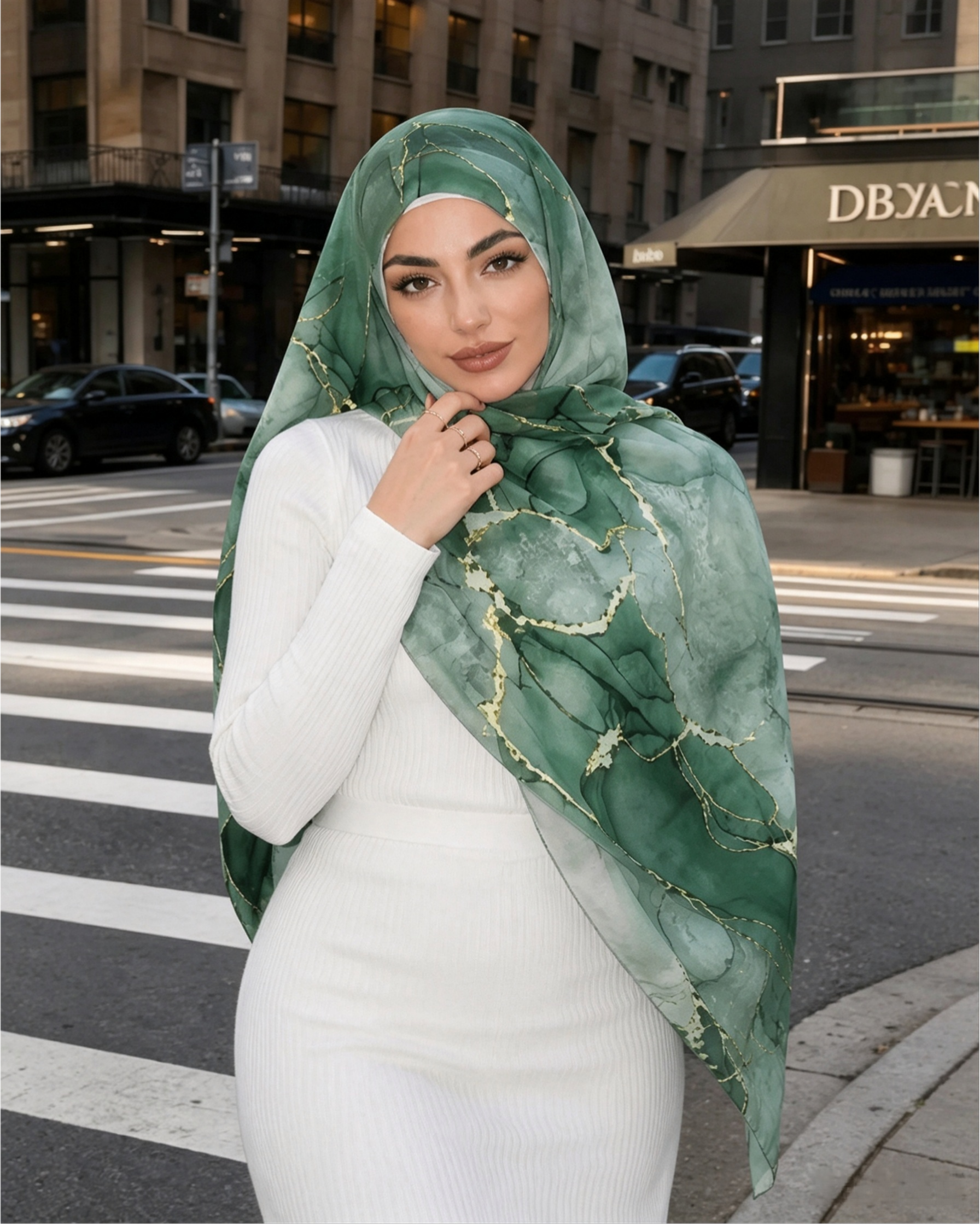 Moss Green Gold Leaf Tropical Hijab Shawl – Botanical Modest Head Scarf (80×180cm) - product image 5 of 9 | Lunar Elegance