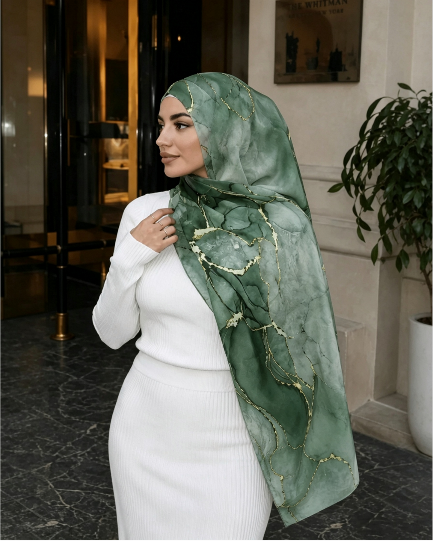 Moss Green Gold Leaf Tropical Hijab Shawl – Botanical Modest Head Scarf (80×180cm) - product image 6 of 9 | Lunar Elegance