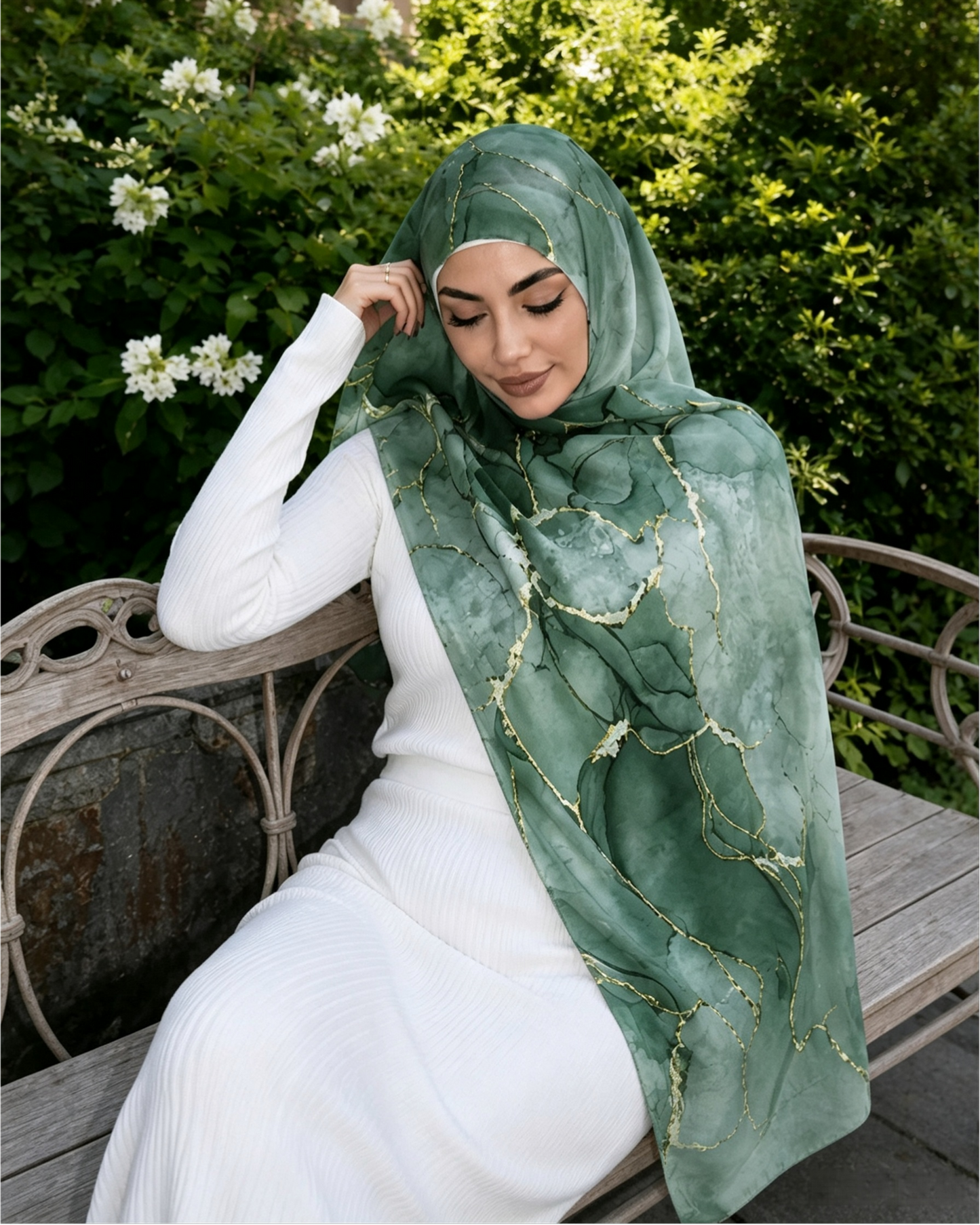 Moss Green Gold Leaf Tropical Hijab Shawl – Botanical Modest Head Scarf (80×180cm) - product image 7 of 9 | Lunar Elegance