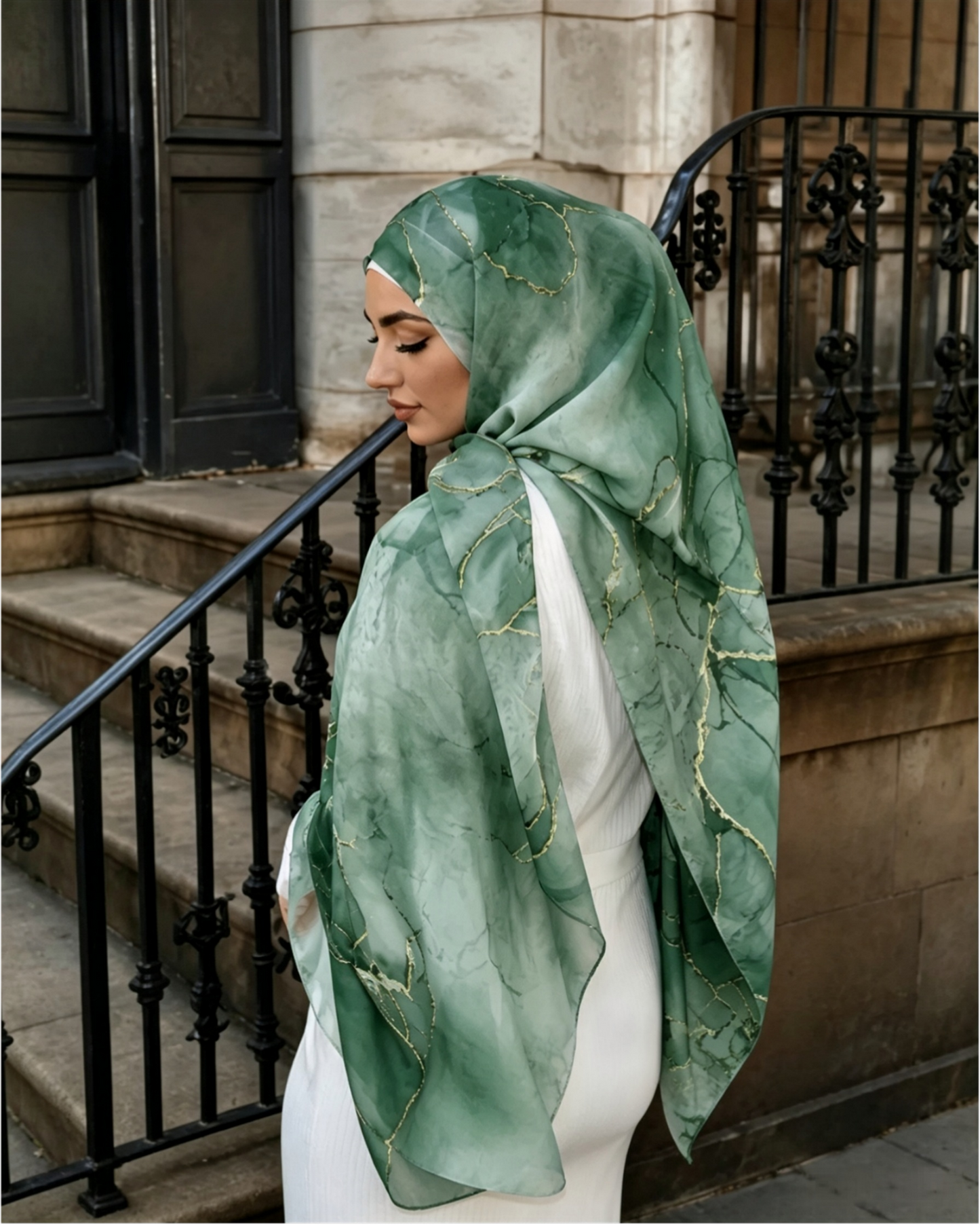 Moss Green Gold Leaf Tropical Hijab Shawl – Botanical Modest Head Scarf (80×180cm) - product image 8 of 9 | Lunar Elegance