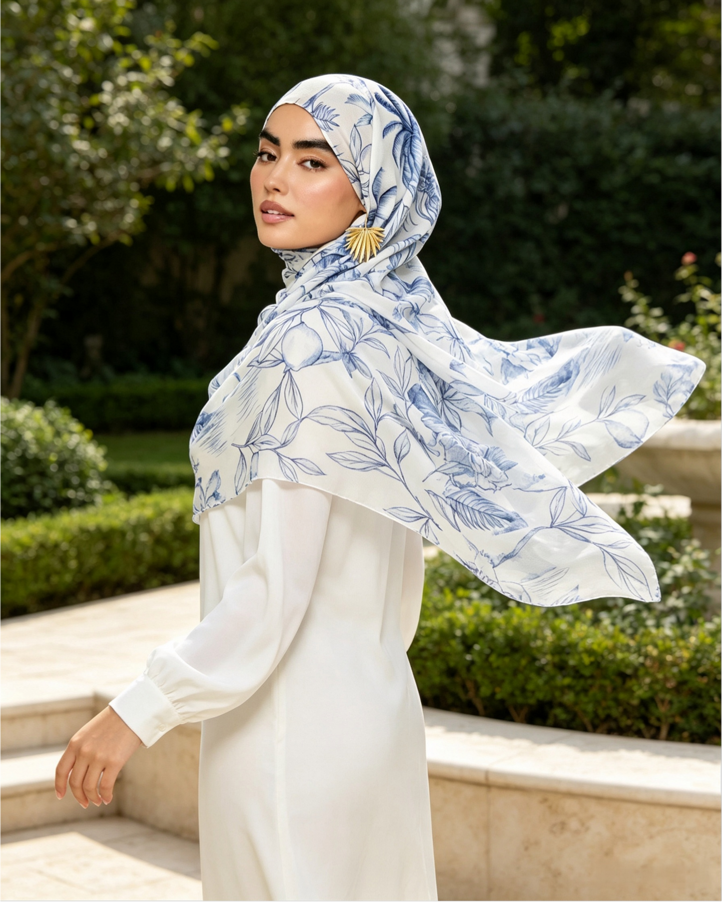 White Blue Tropical Leaf Line Art Hijab Shawl – Botanical Modest Head Scarf (80×180cm) - product image 1 of 10 | Lunar Elegance