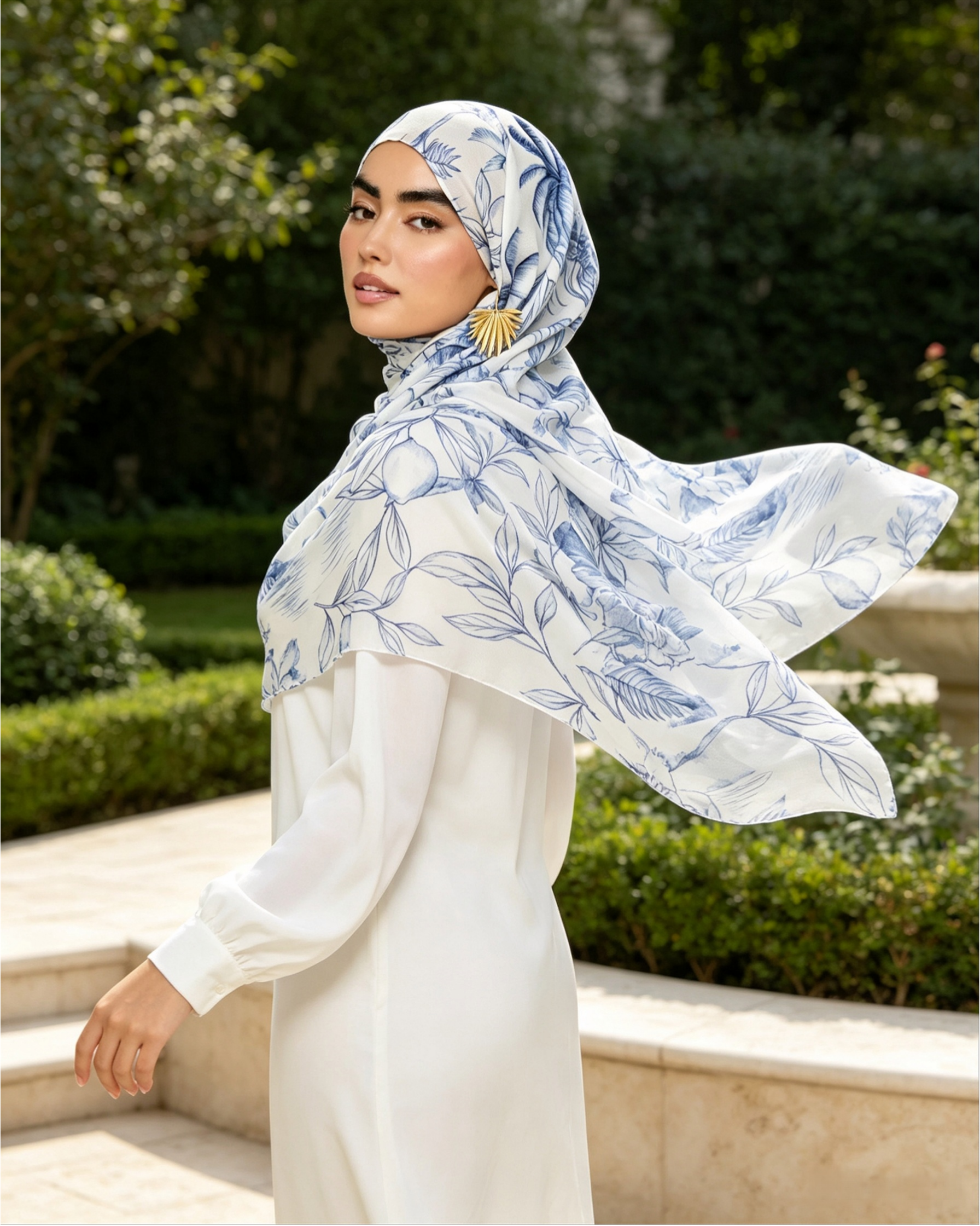 White Blue Tropical Leaf Line Art Hijab Shawl – Botanical Modest Head Scarf (80×180cm) - product image 1 of 10 | Lunar Elegance