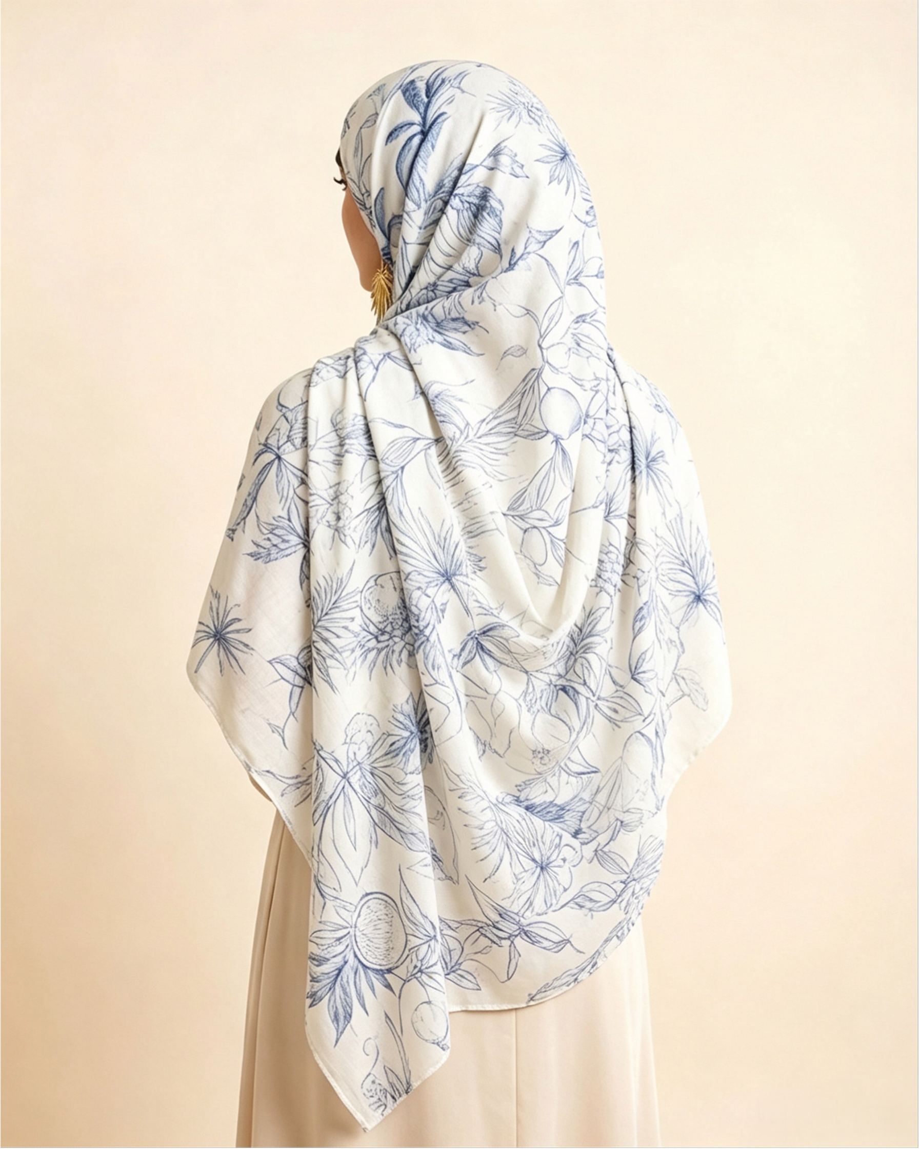 White Blue Tropical Leaf Line Art Hijab Shawl – Botanical Modest Head Scarf (80×180cm) - product image 2 of 10 | Lunar Elegance