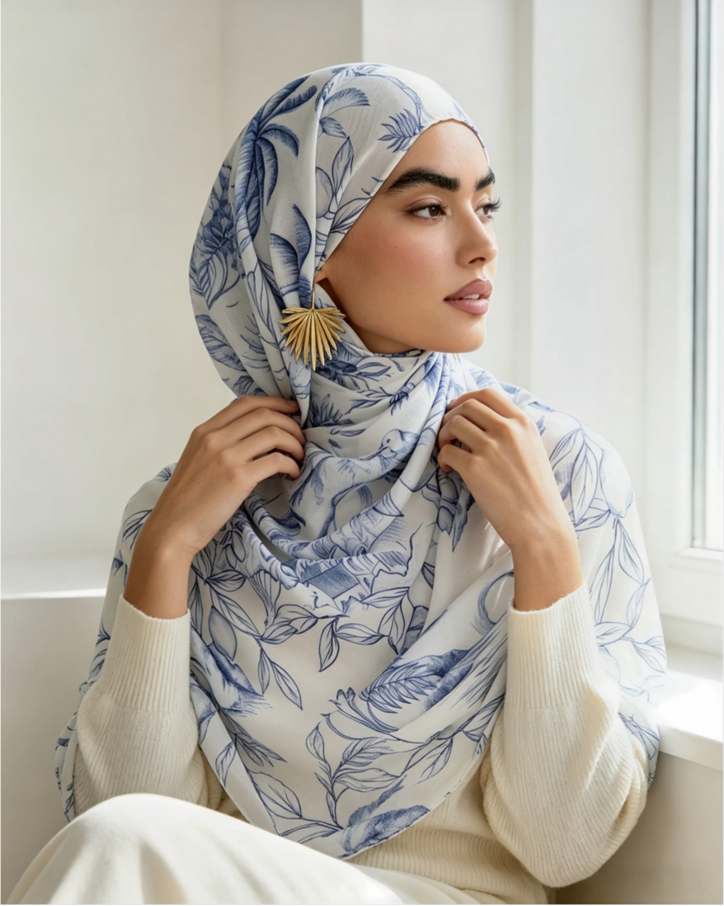 White Blue Tropical Leaf Line Art Hijab Shawl – Botanical Modest Head Scarf (80×180cm) - product image 3 of 10 | Lunar Elegance
